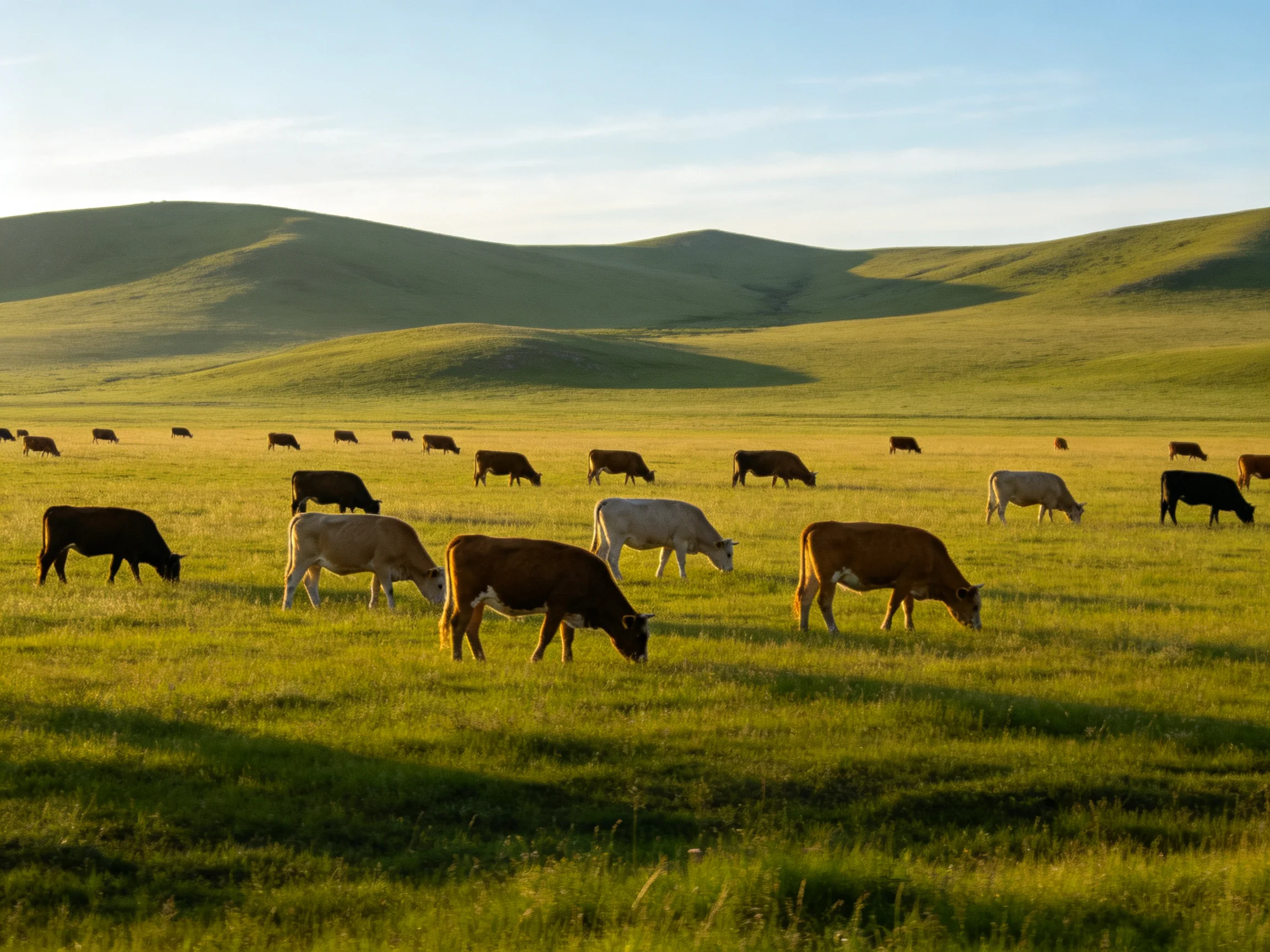 A diverse herd of cows grazes in a lush green meadow with rolling hills
