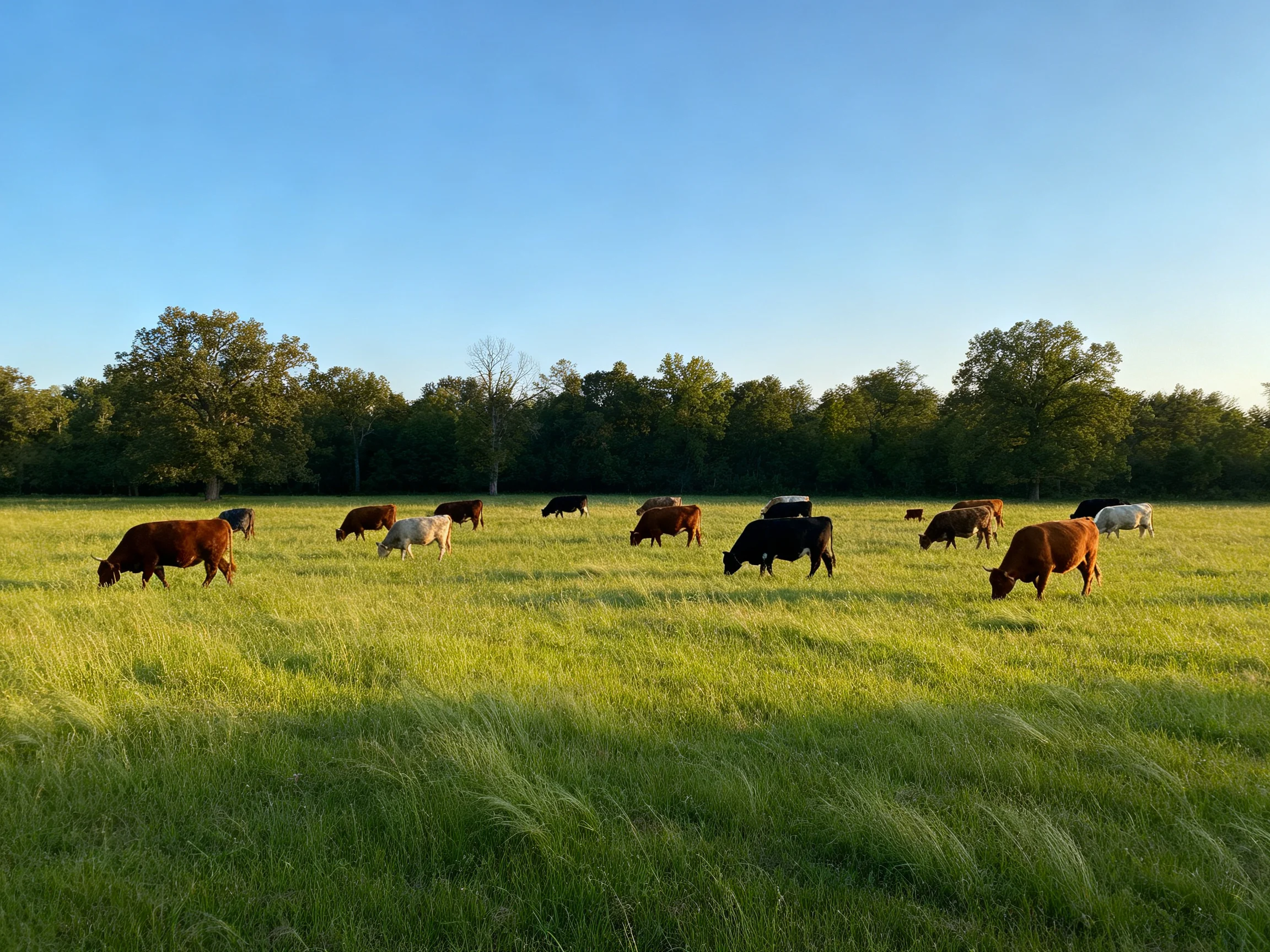 A diverse herd of cows grazes in a sunlit green pasture