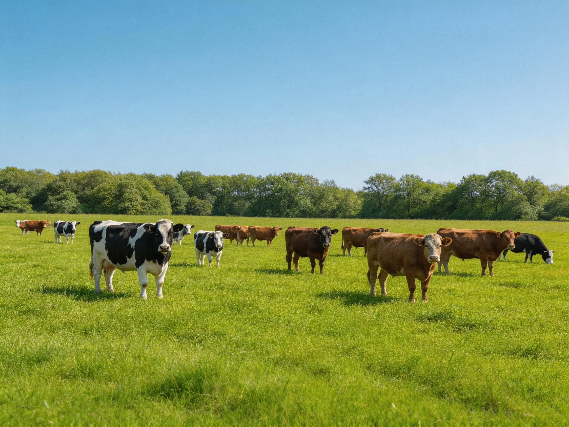 A diverse herd of cows grazing in a lush green pasture