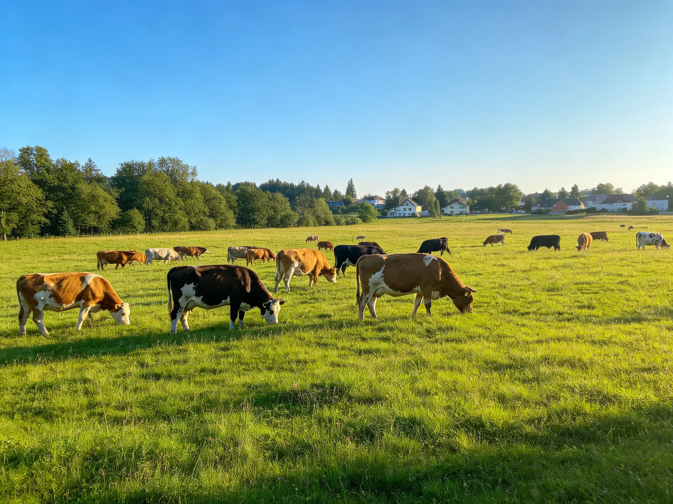 A diverse herd of cows grazing in a lush green pasture under clear blue skies