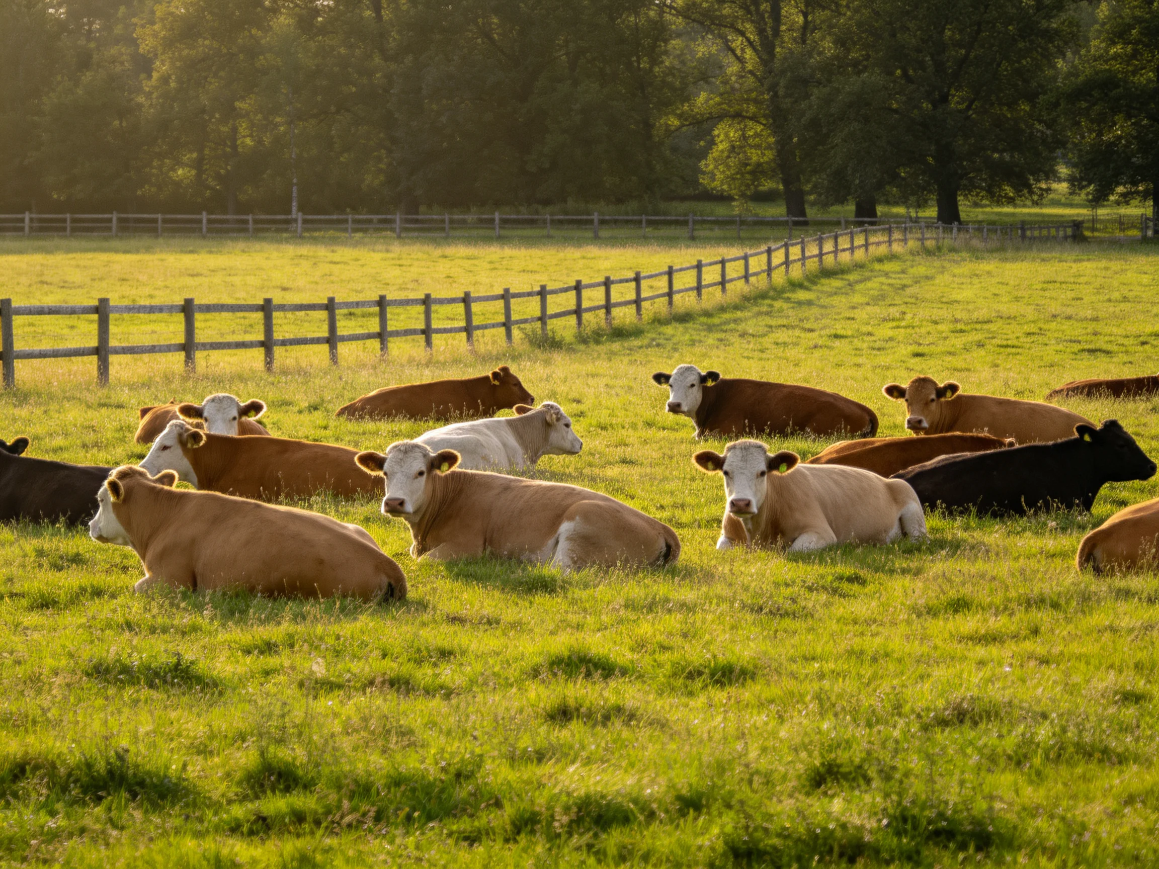 A diverse herd of cows resting in a sunlit green pasture