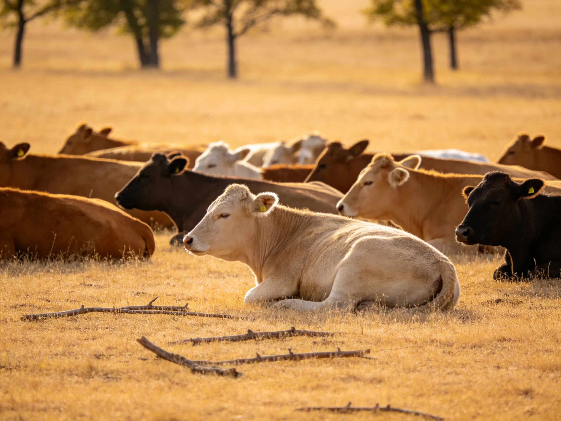A diverse herd of cows rests in a sun-drenched golden pasture
