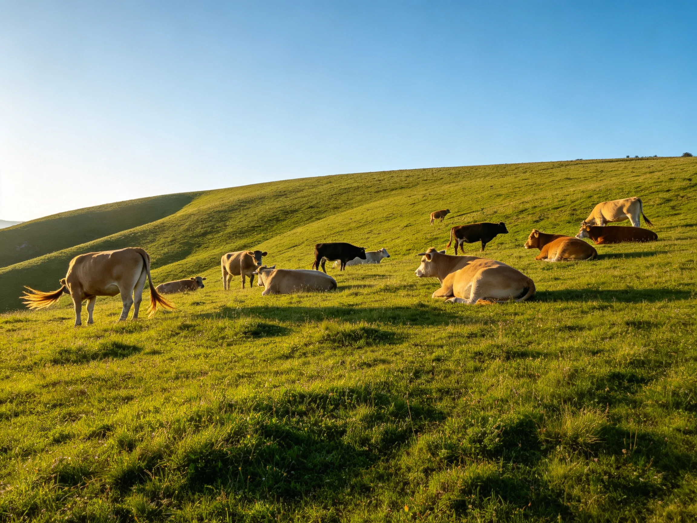 A diverse herd of cows rests on a lush green hillside under bright sunlight