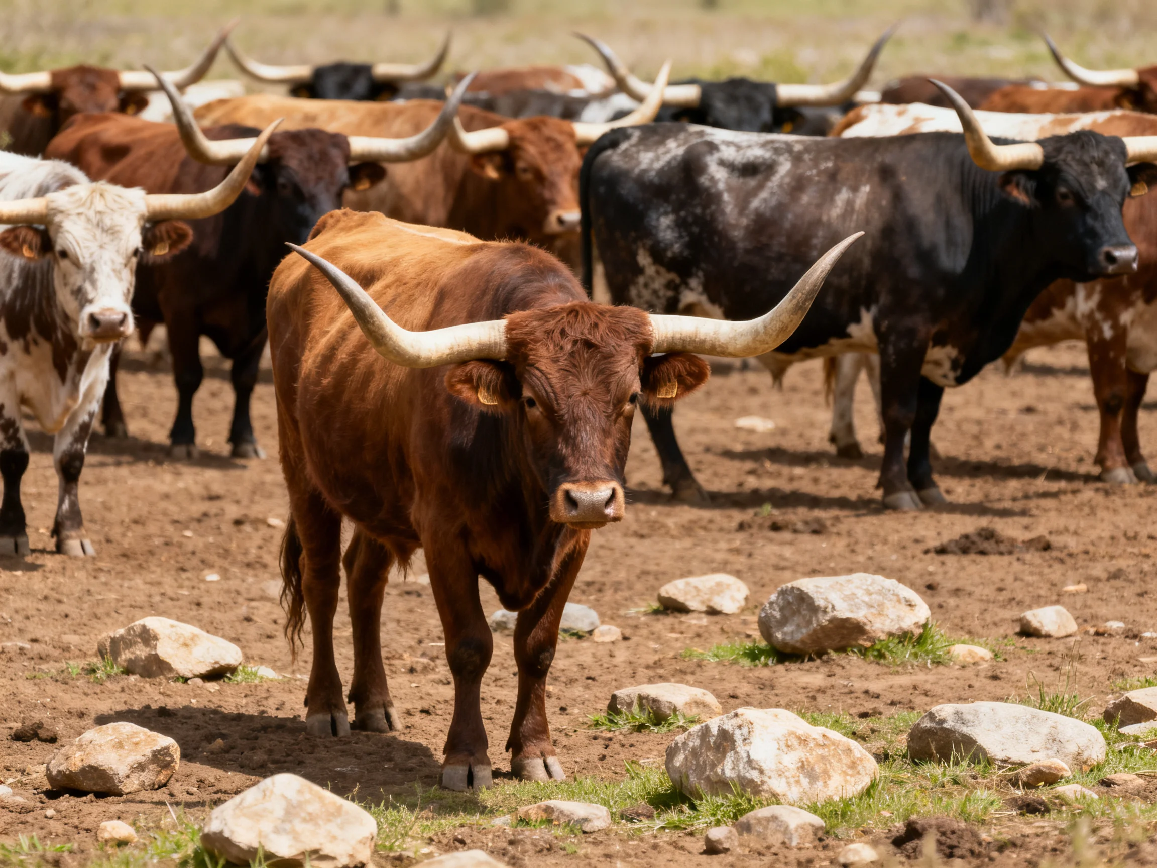 A diverse herd of longhorn cattle with large curved horns