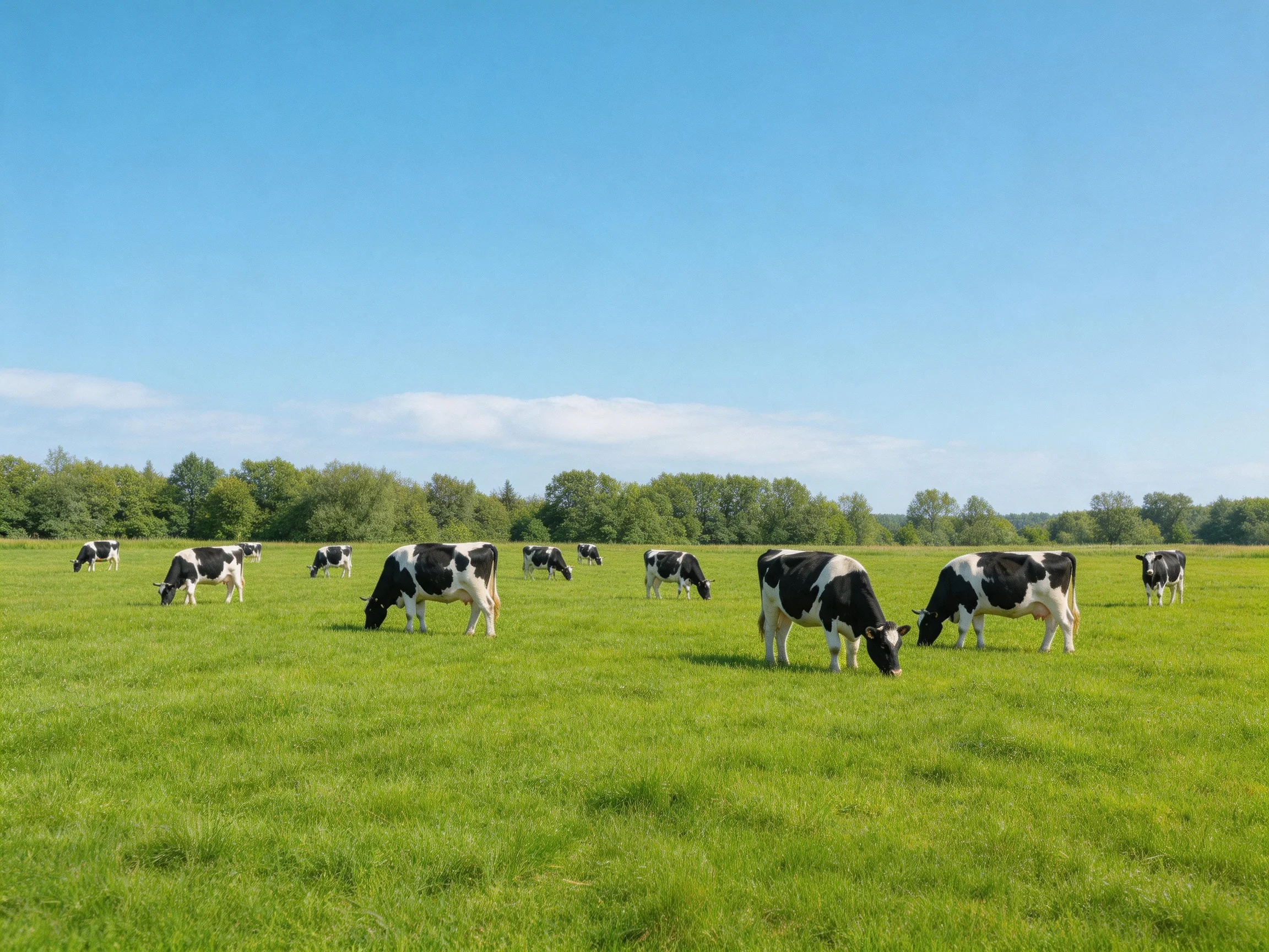 A dozen black-and-white cows graze in a large green pasture under a clear blue sky