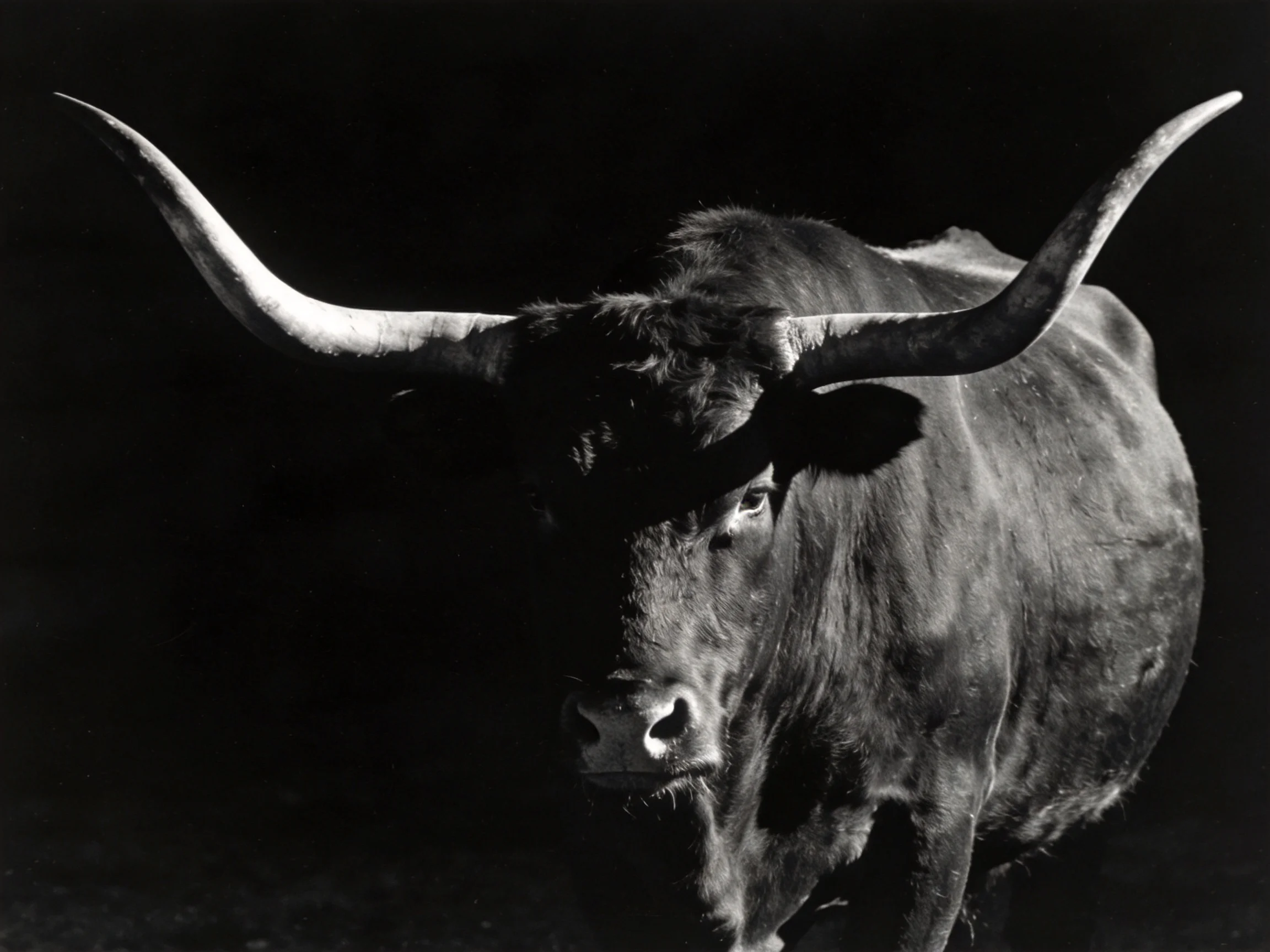 A dramatic black-and-white portrait of a large horned bull