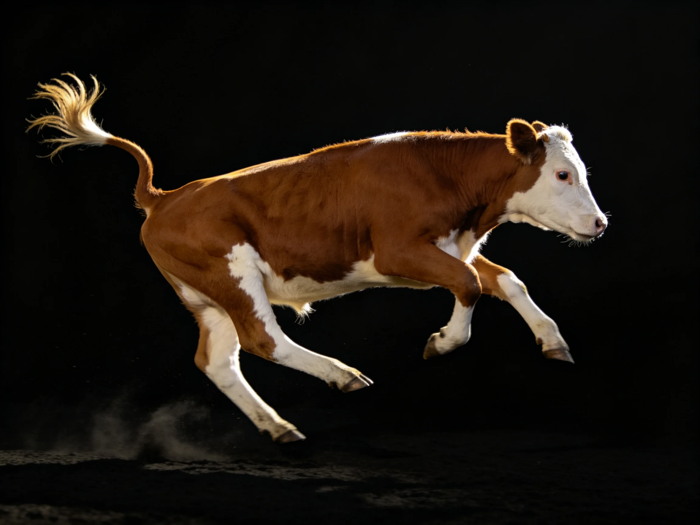 A dynamic brown and white calf leaping against a stark black backdrop