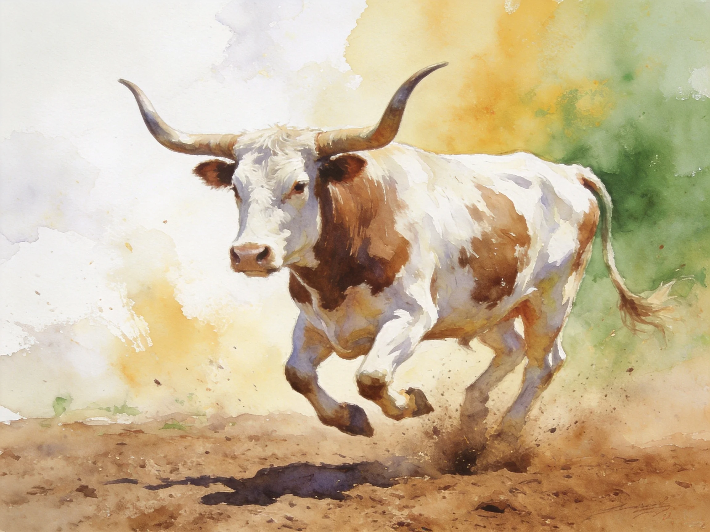 A dynamic white and brown longhorn charging through dusty terrain