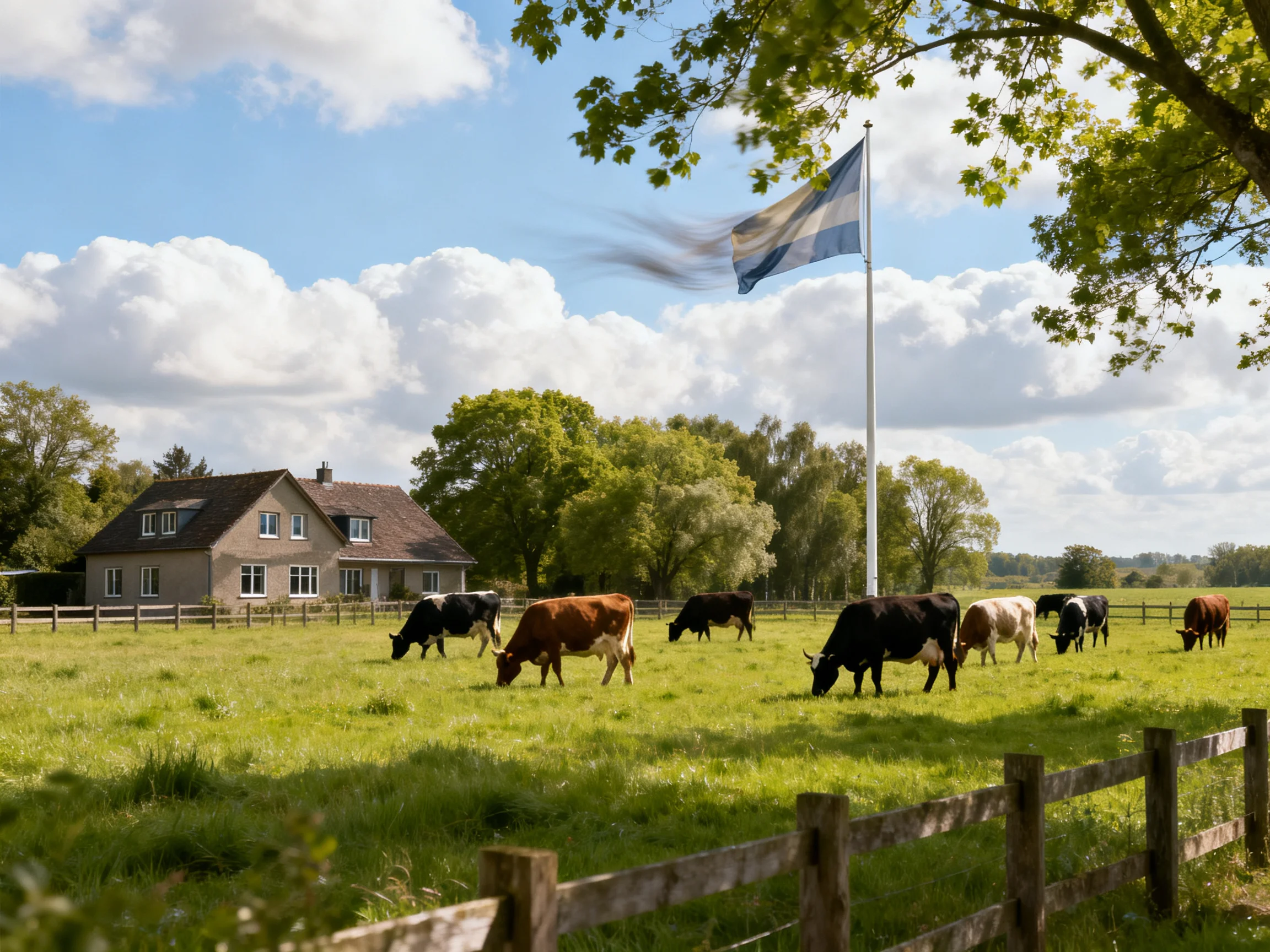 A farm house near a field with grazing cows and a waving flag