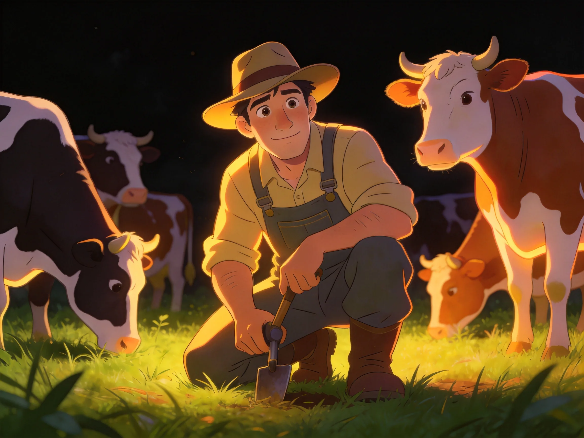 A farmer crouching near cows in a golden-lit farm field