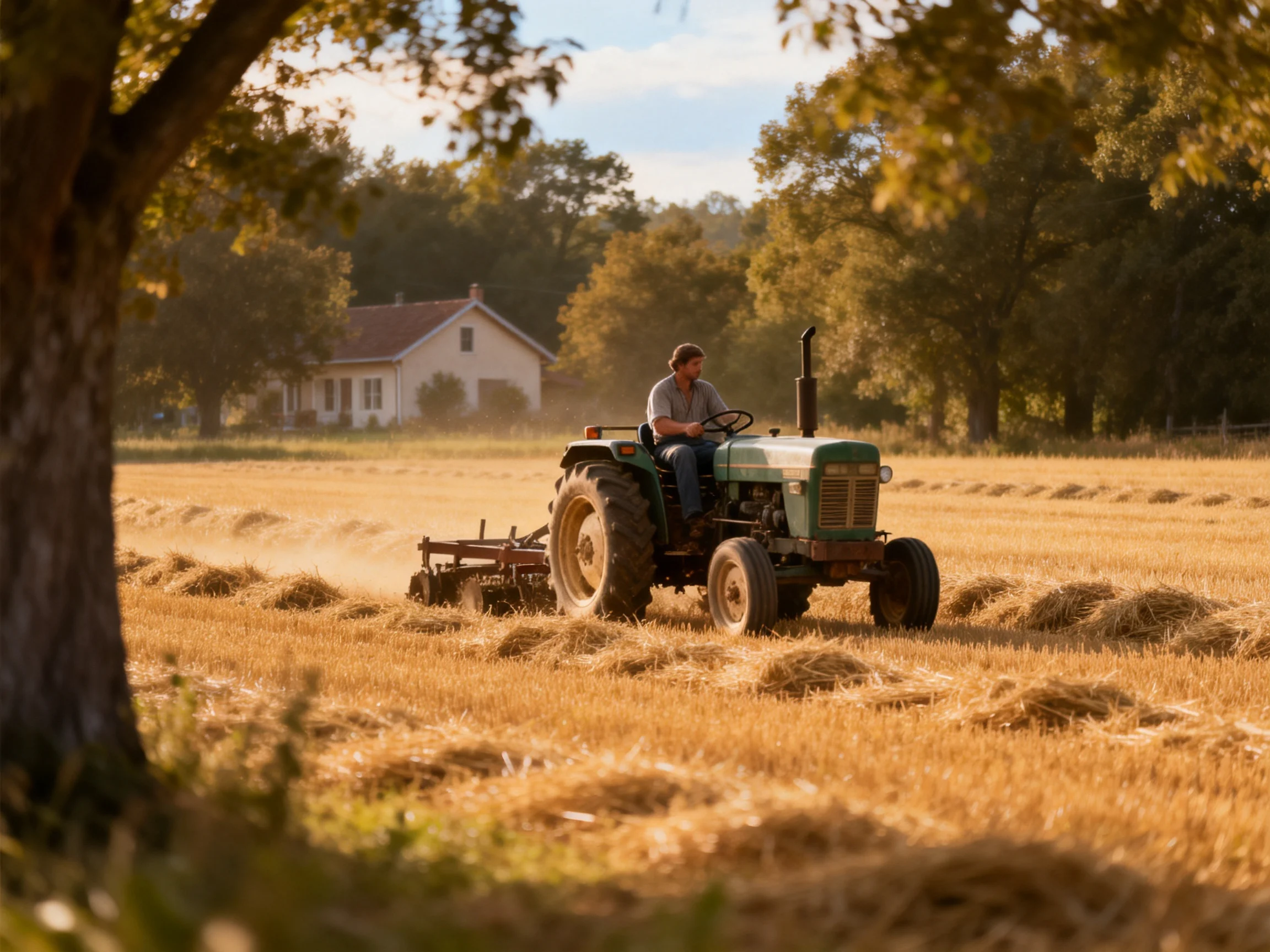 A farmer drives a green tractor through golden hay fields near a white farmhouse