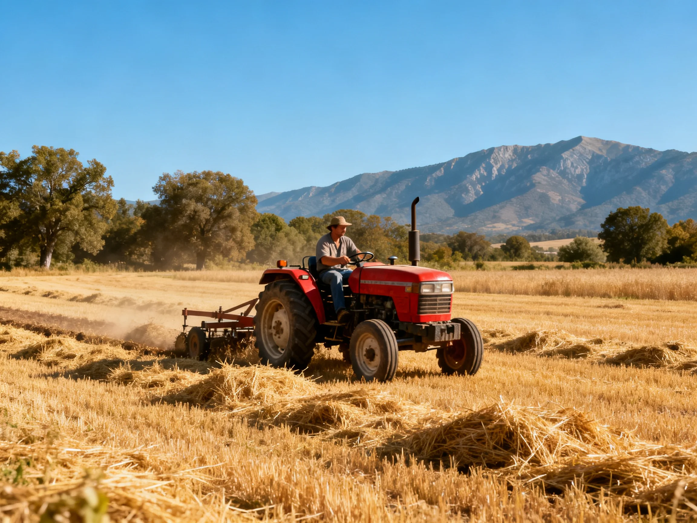 A farmer drives a red tractor through golden fields near mountains
