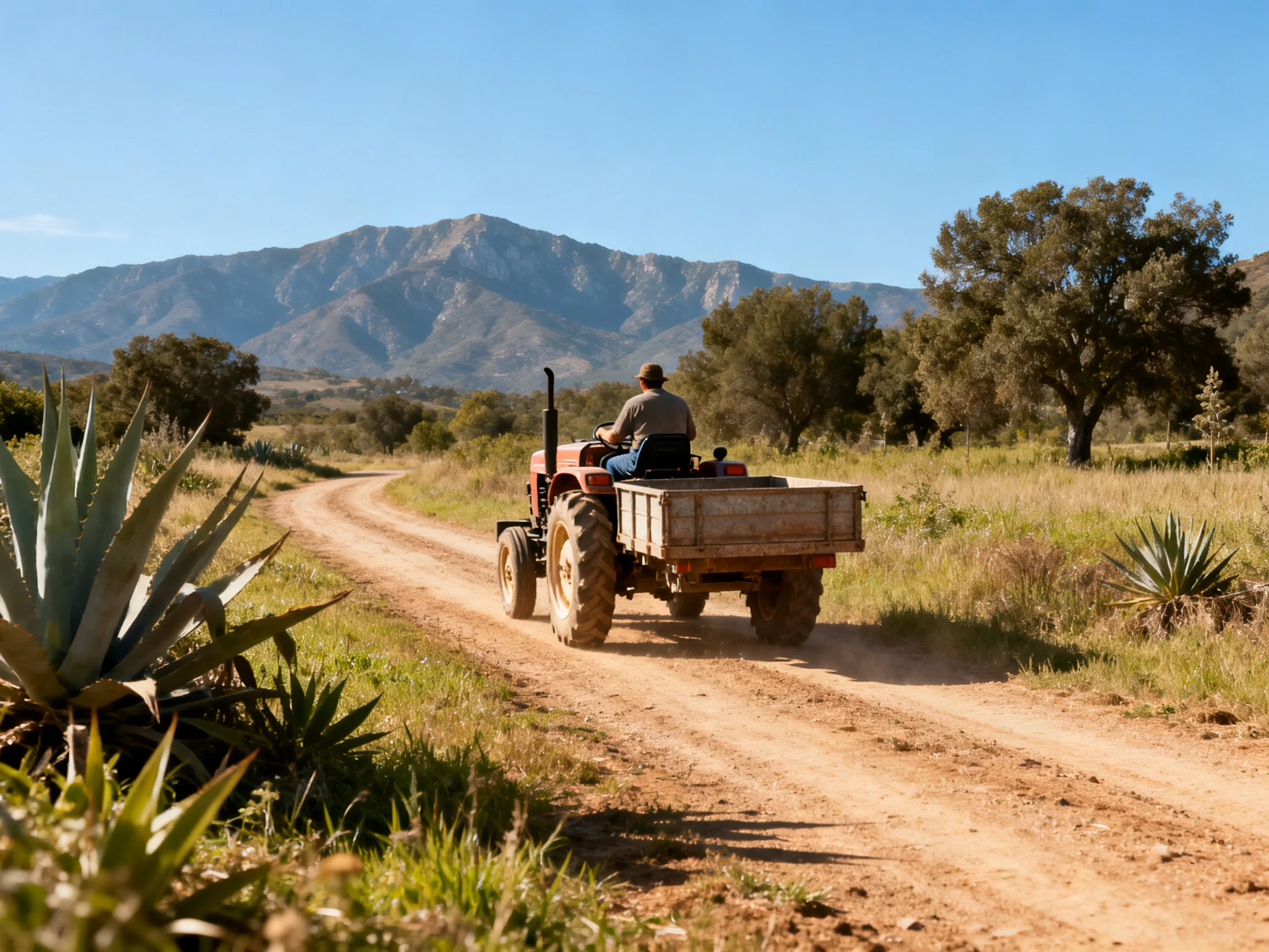 A farmer drives a red tractor with a wooden trailer on a dusty country road near mountains