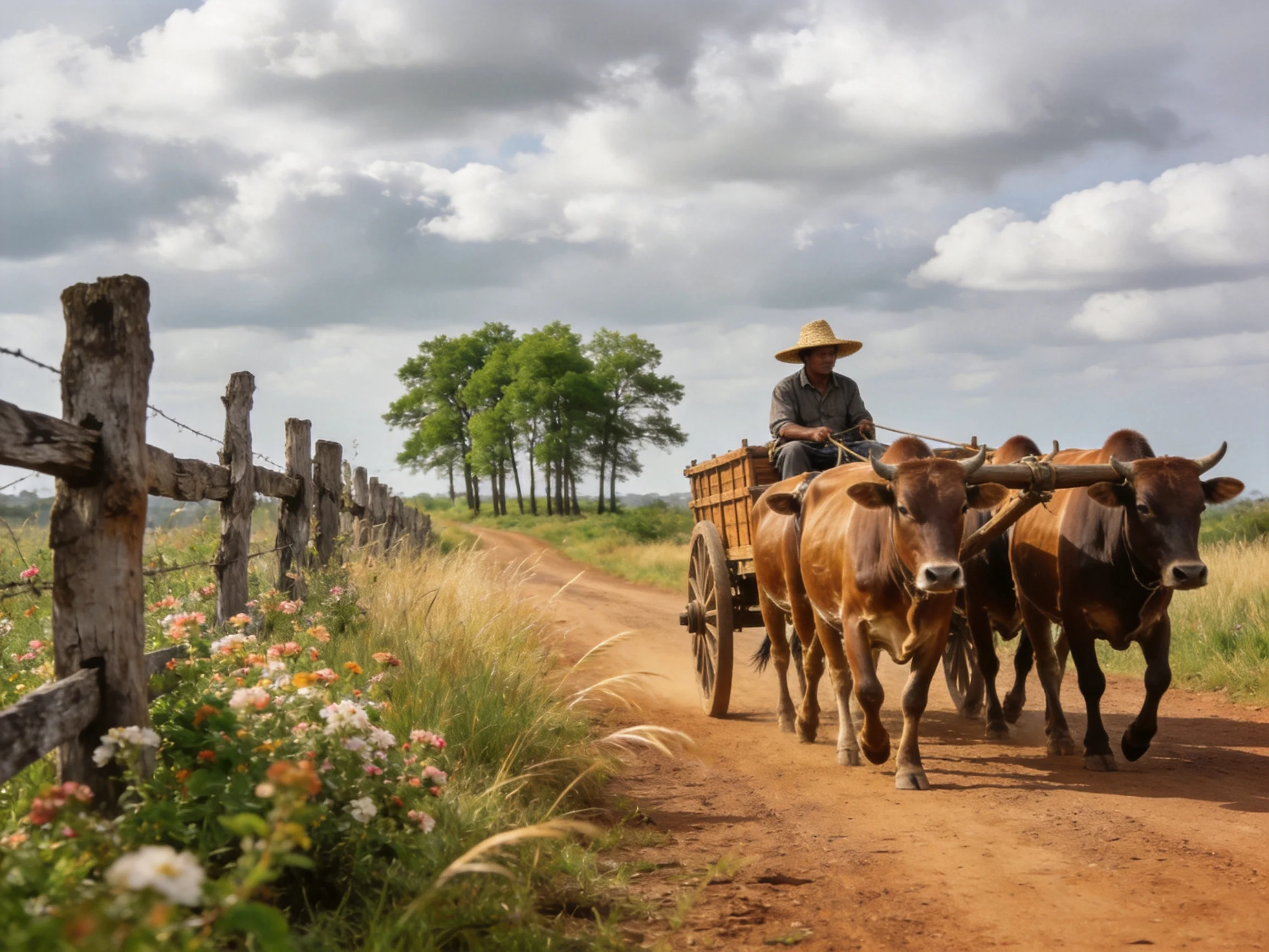 A farmer drives an ox-drawn cart on a rural dirt road