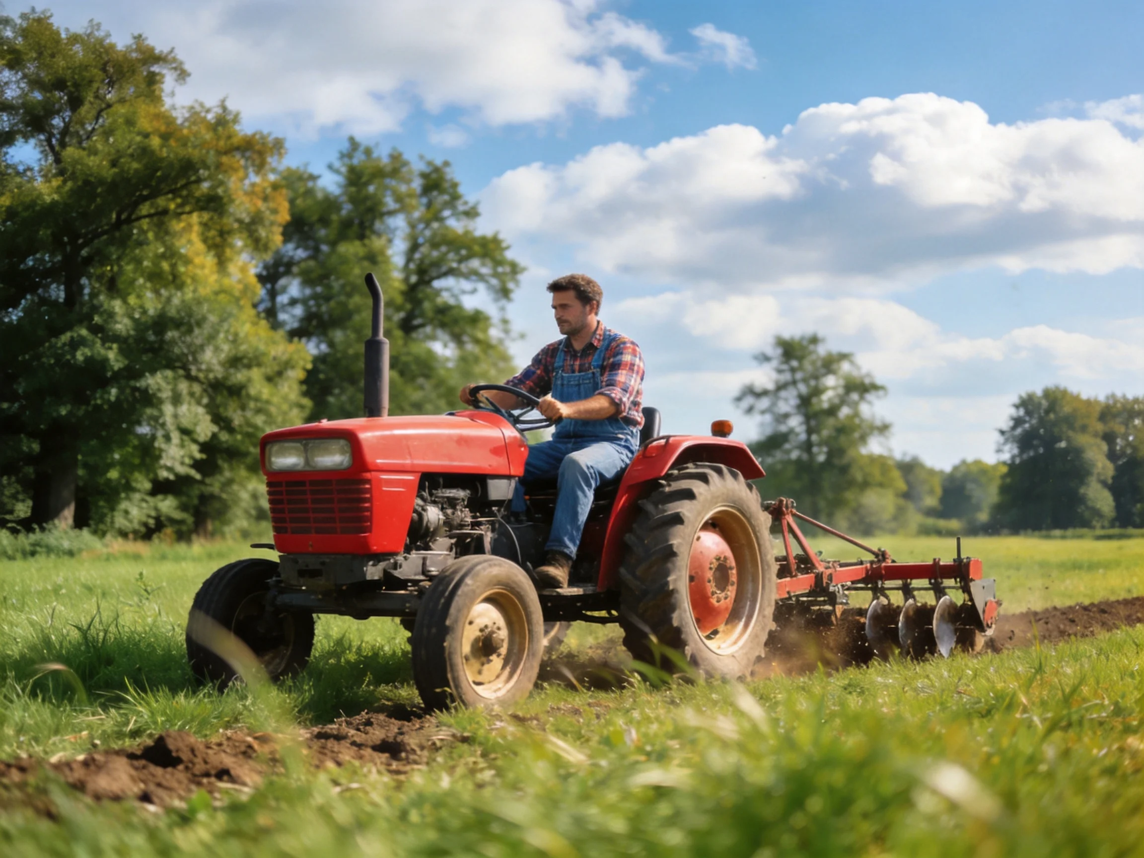 A farmer driving a bright red tractor through a sunlit green field
