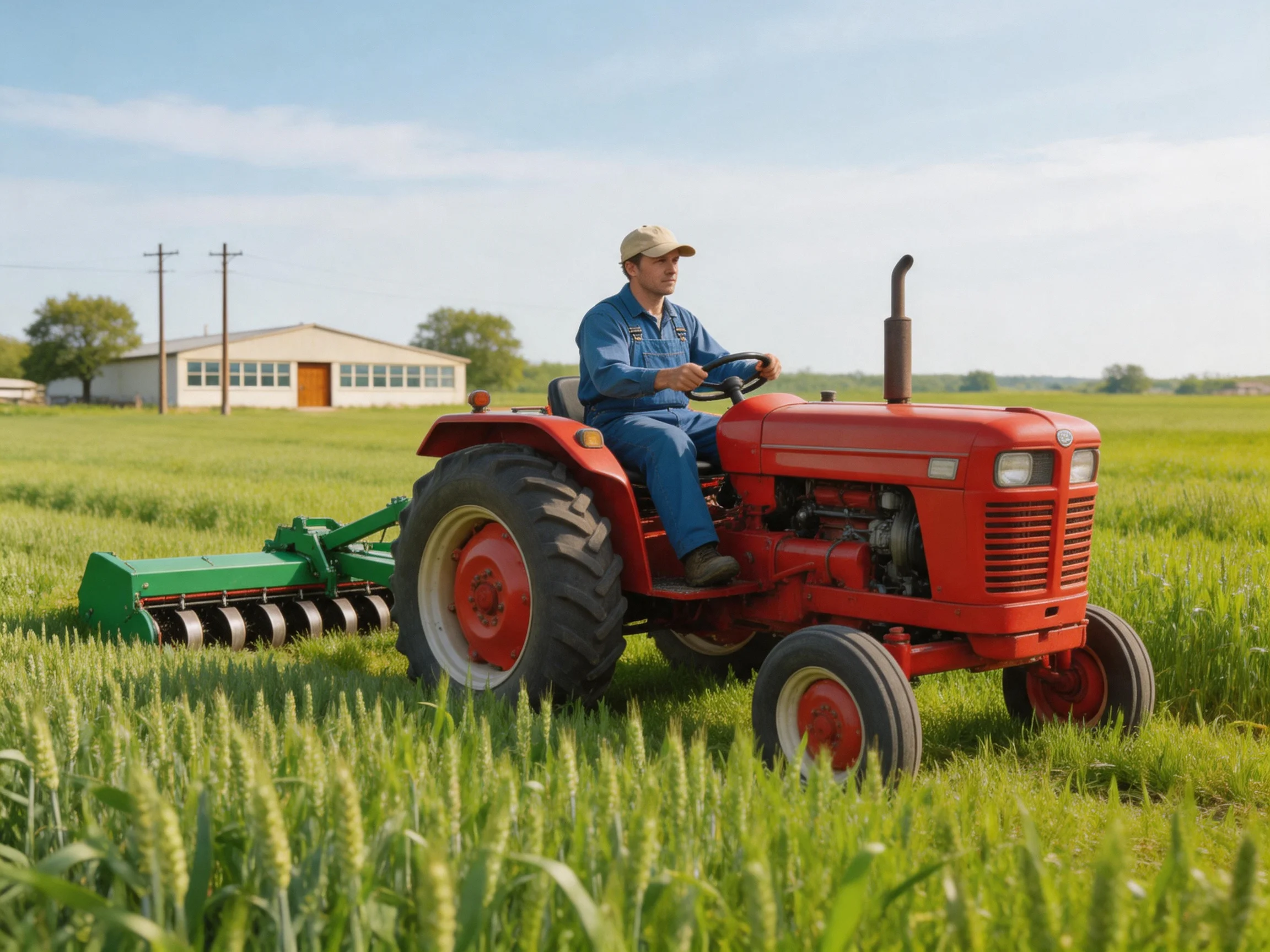 A farmer driving a red tractor in a green farm field