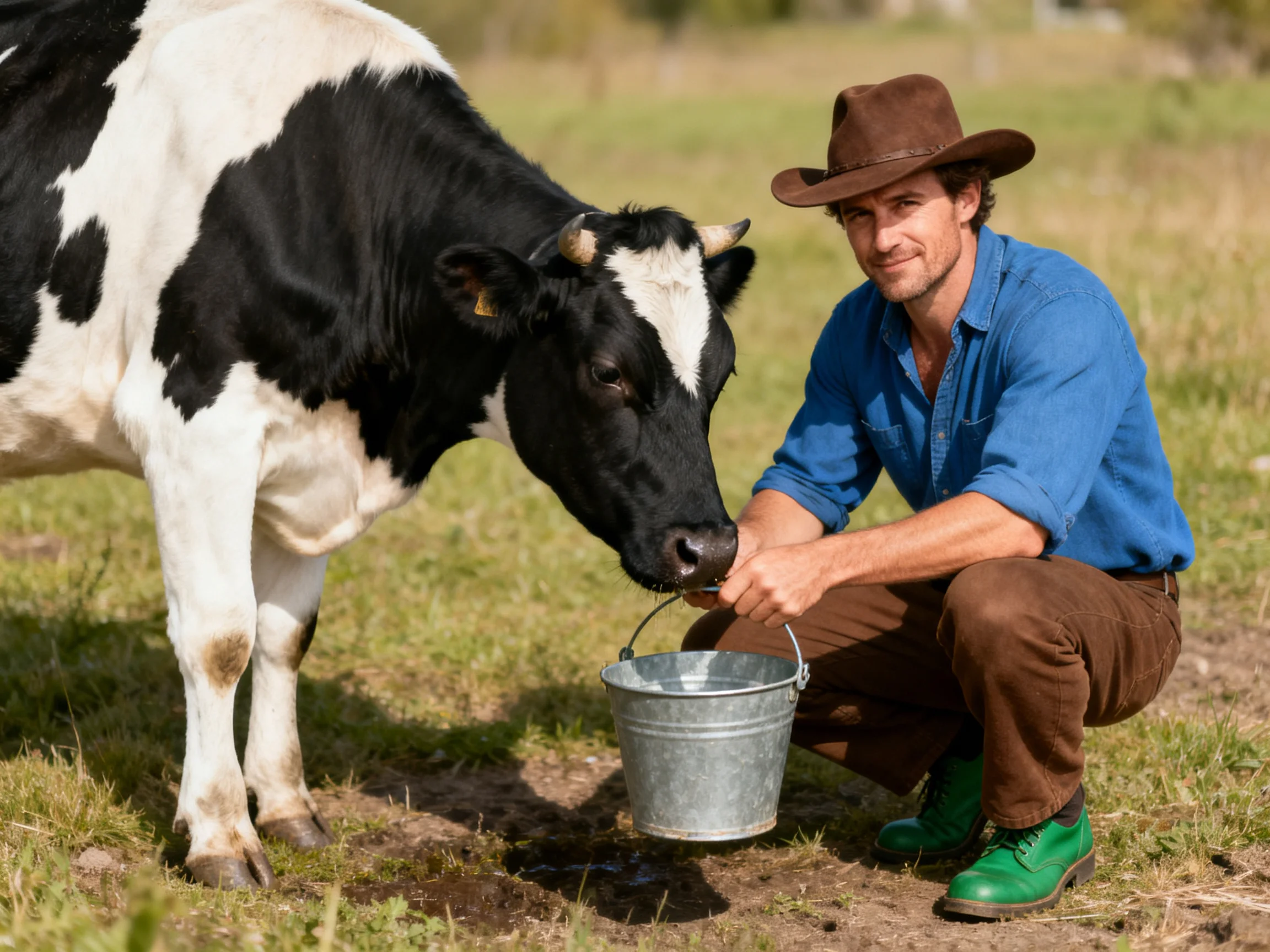 A farmer feeding a black-and-white cow with a metal bucket in a grassy field