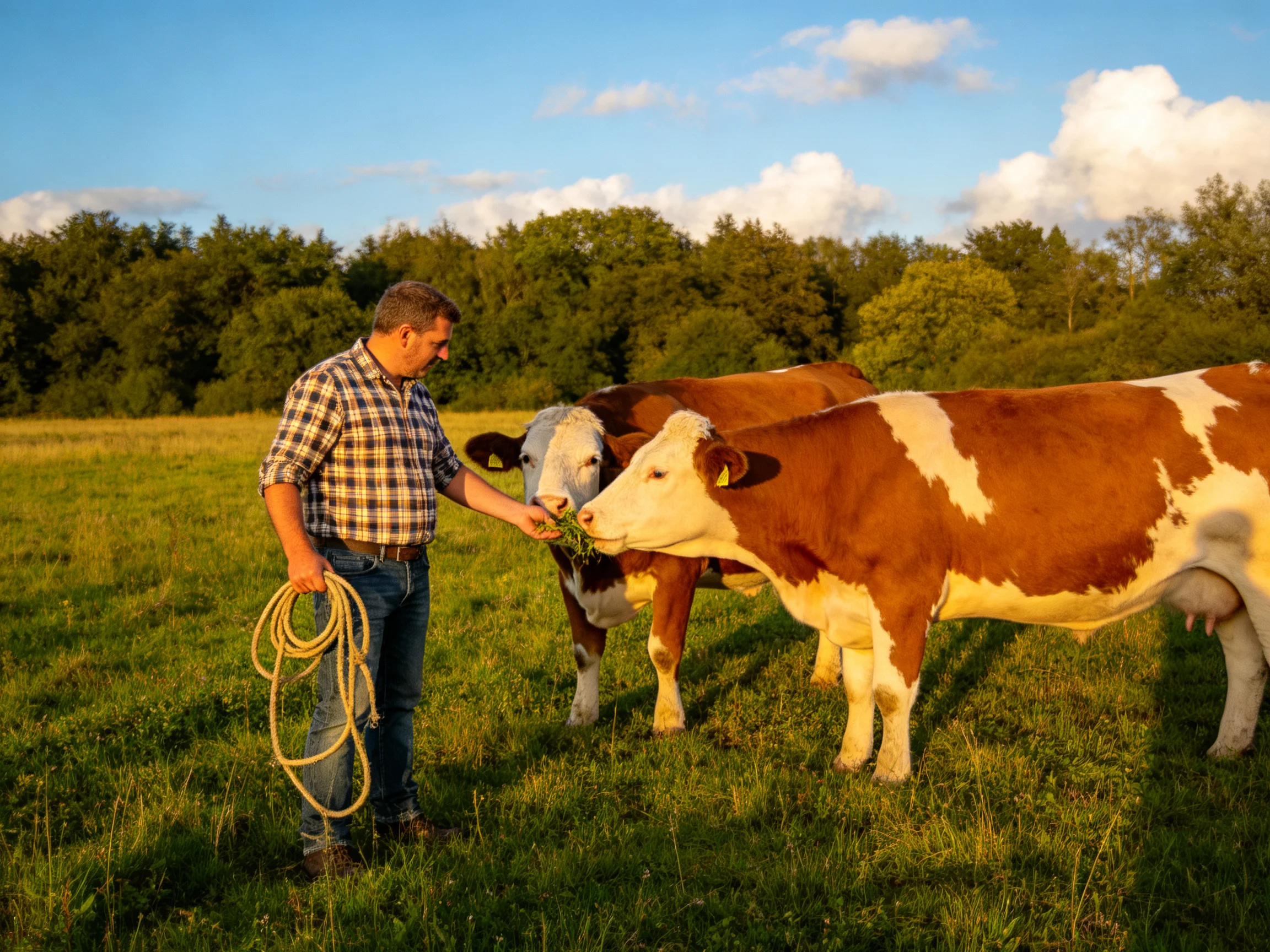 A farmer feeds brown-and-white cows in a lush green pasture
