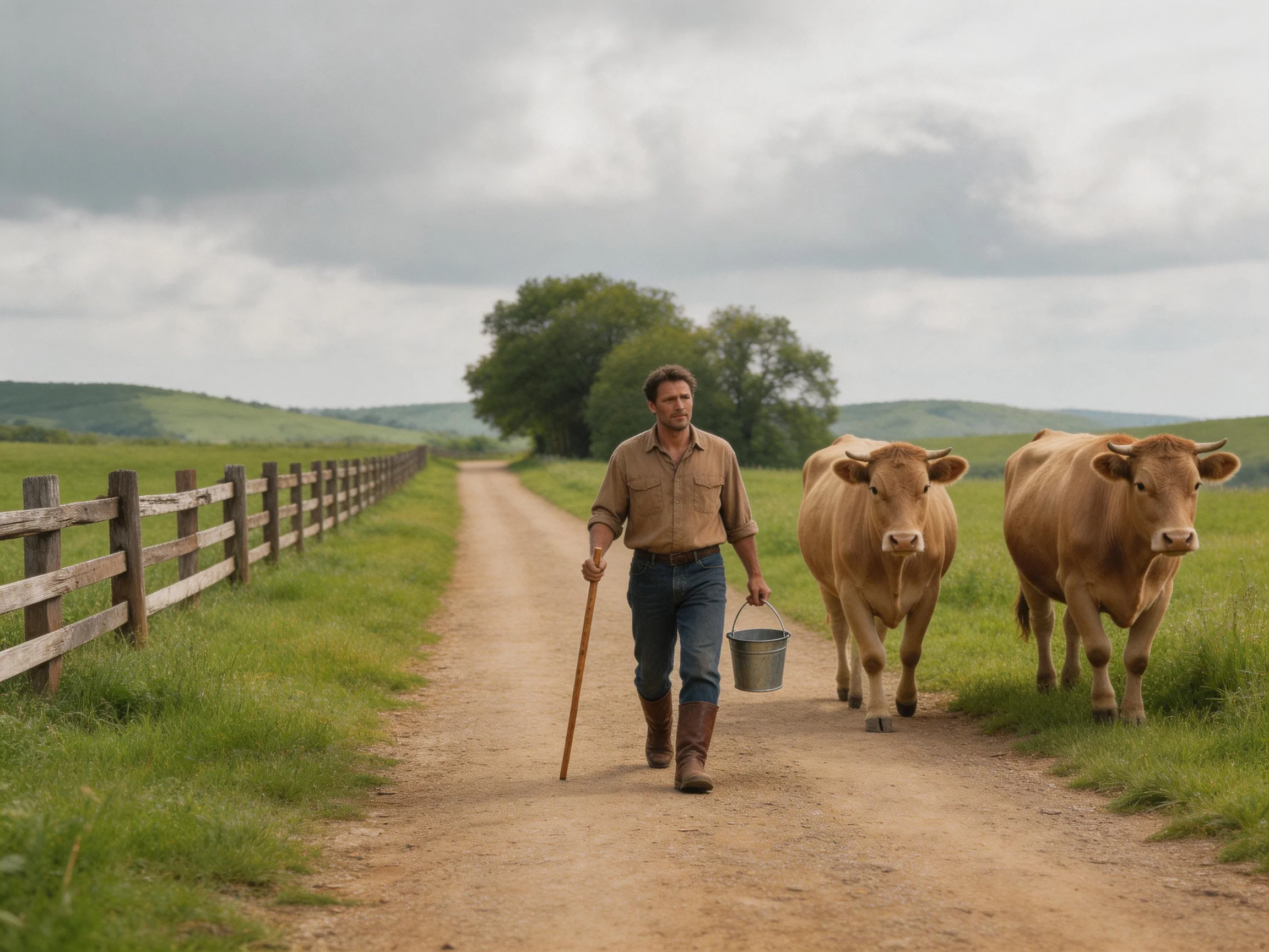 A farmer guides two tan cows along a dirt path near wooden fences