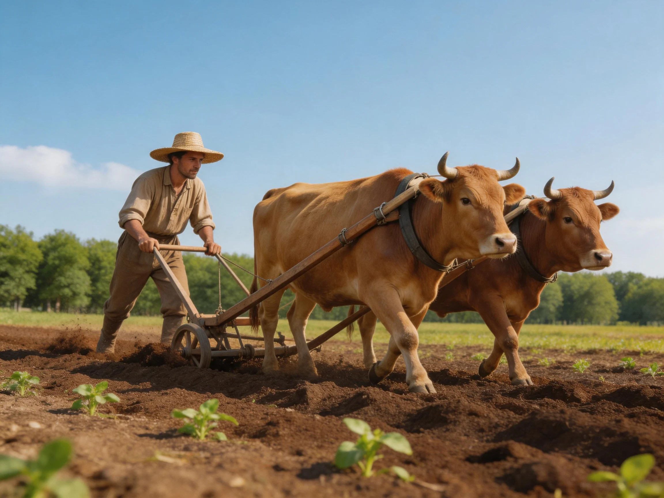 A farmer guiding two brown oxen plow through dark soil under clear blue sky