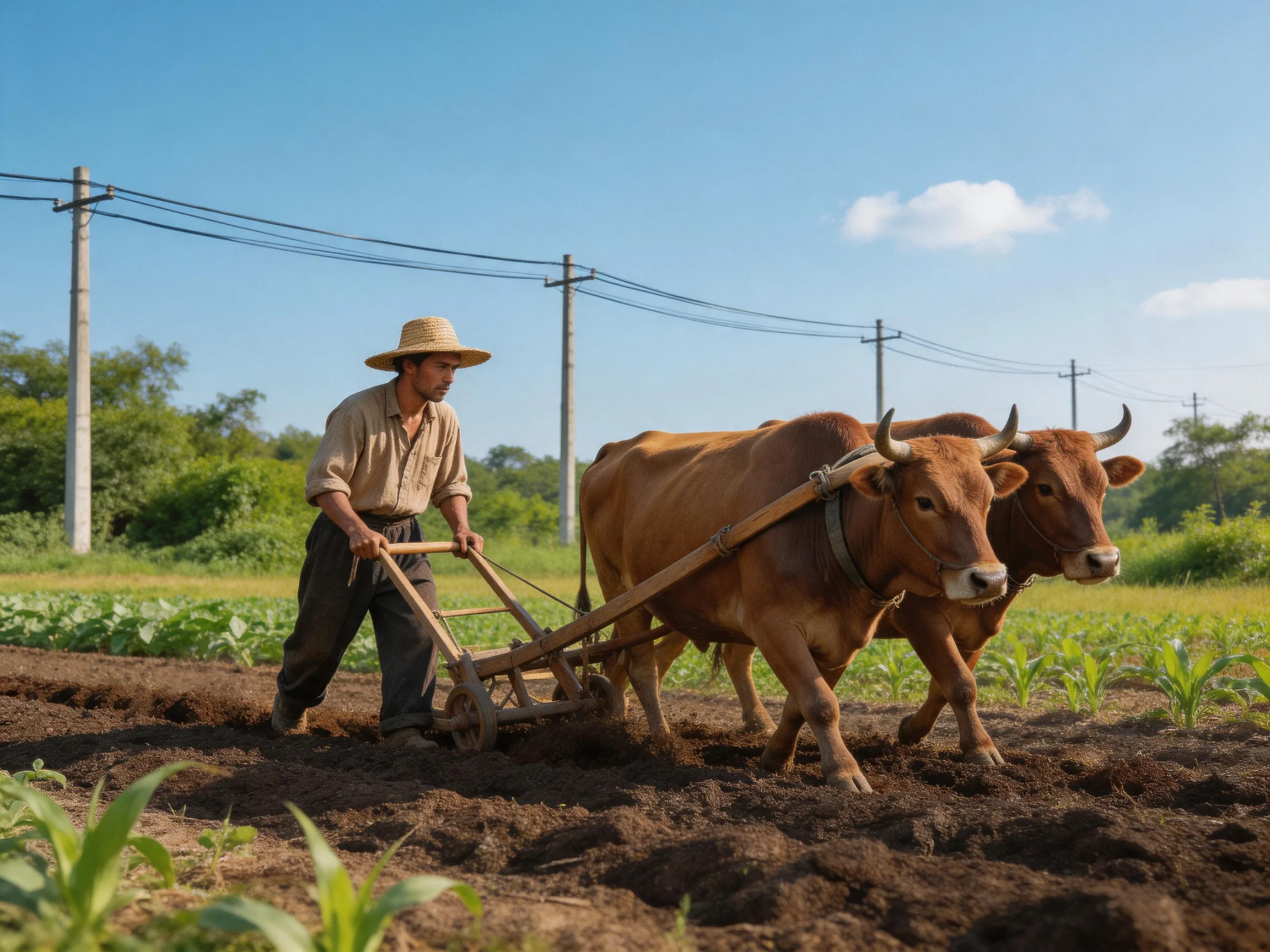 A farmer guiding two brown oxen plows a sunlit farm field