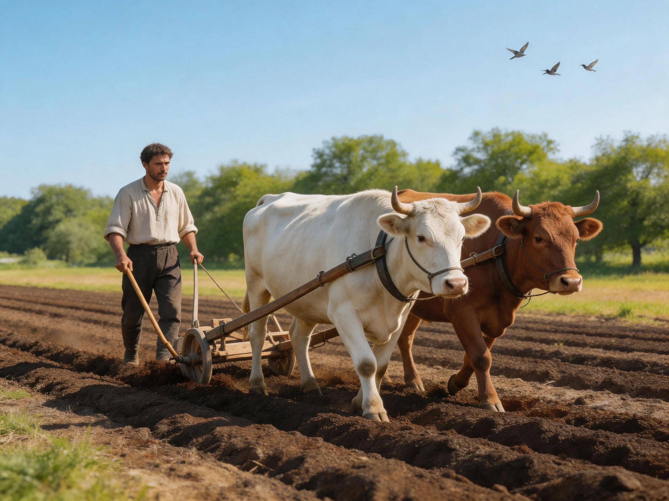 A farmer guiding two cows plow a rich brown field