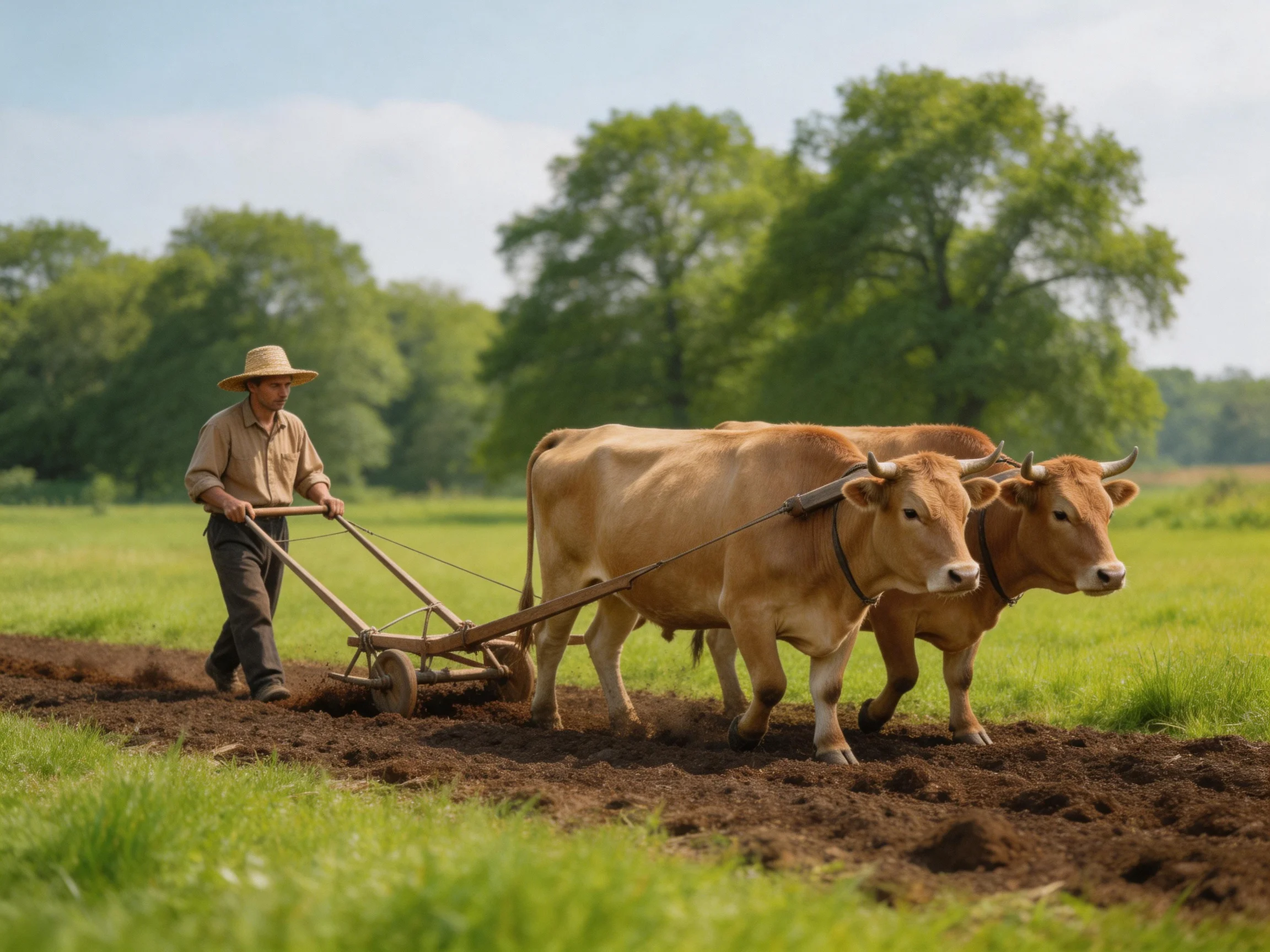 A farmer guiding two tan cows plows a verdant field