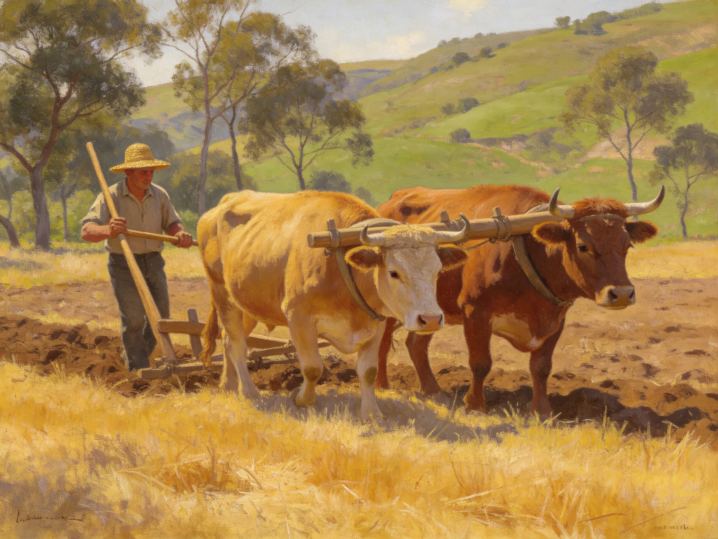 A farmer guiding two tan oxen in a golden field