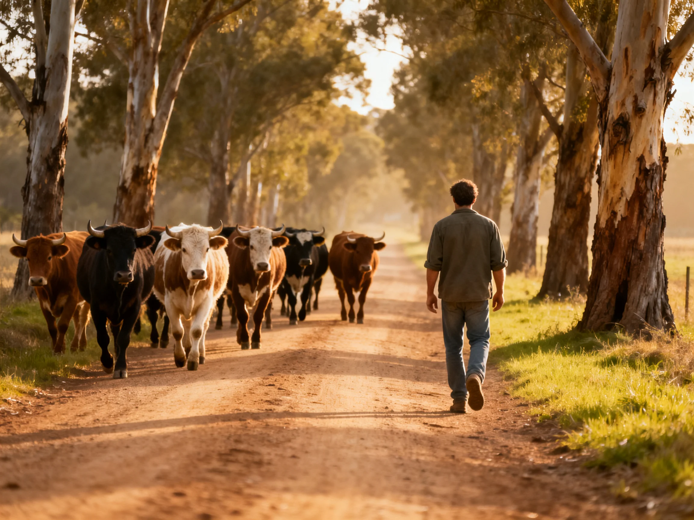 A farmer herding cattle down a tree-lined dirt road