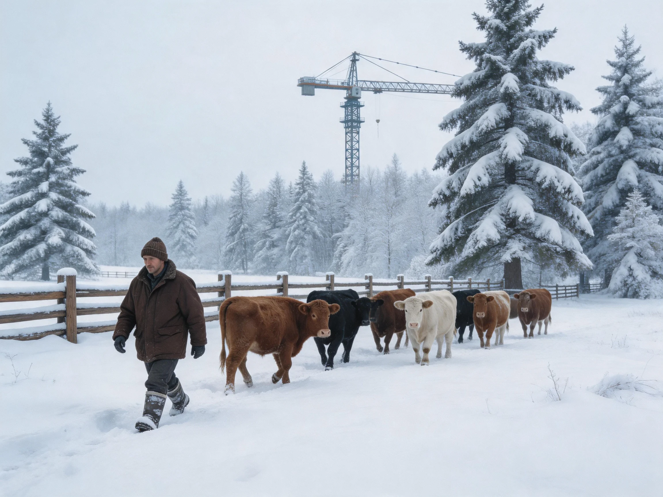 A farmer herding six cattle through a snow-draped forest