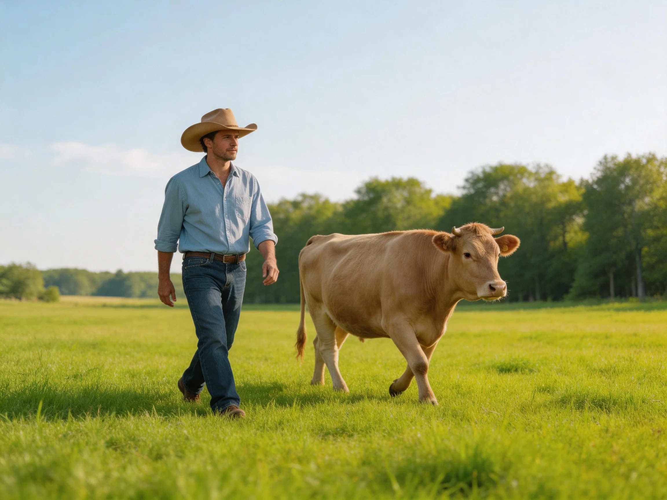 A farmer in a blue shirt guides a tan cow through a green pasture