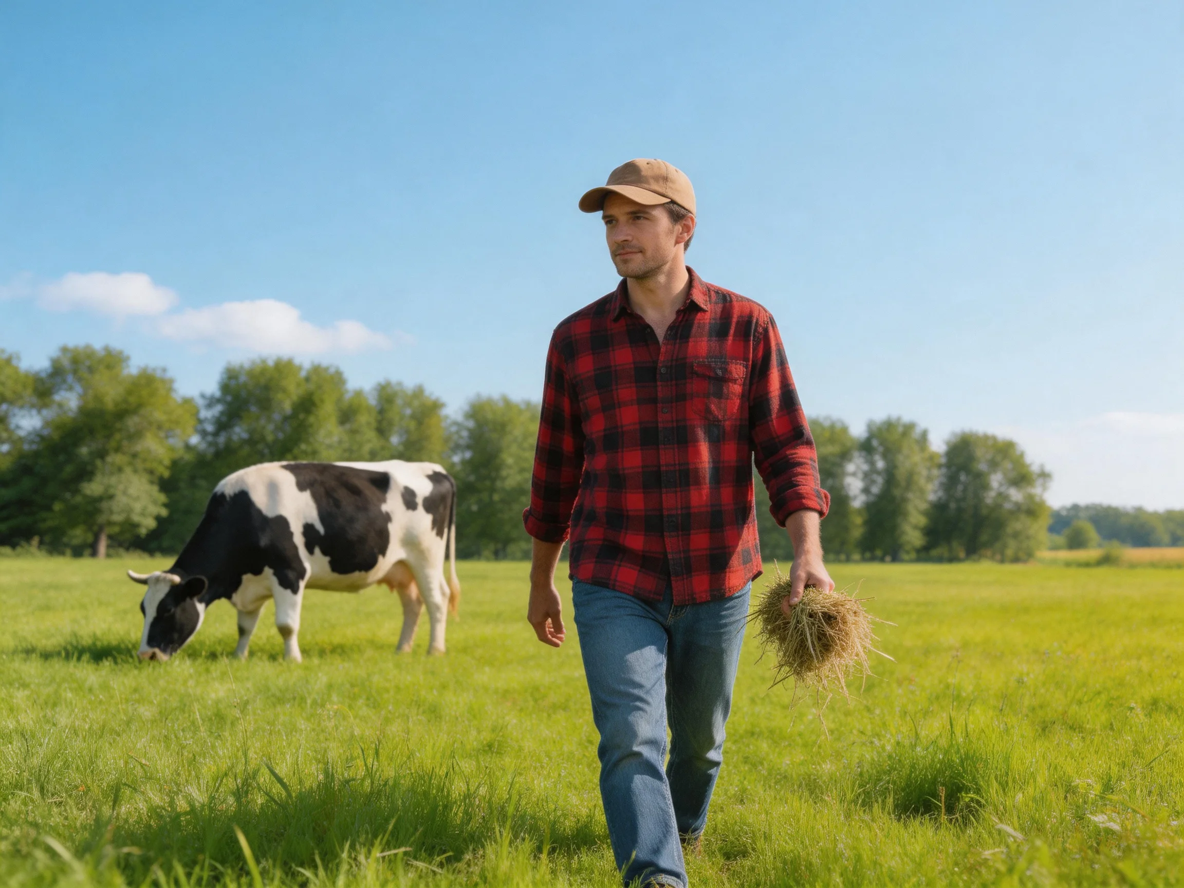 A farmer in a red plaid shirt walks near a black - and - white cow in a green pasture