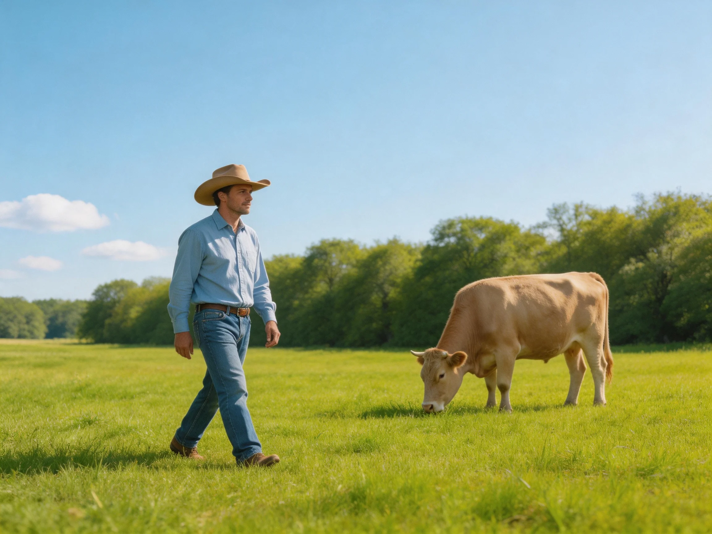 A farmer in blue jeans walks past a brown cow in a sunny meadow
