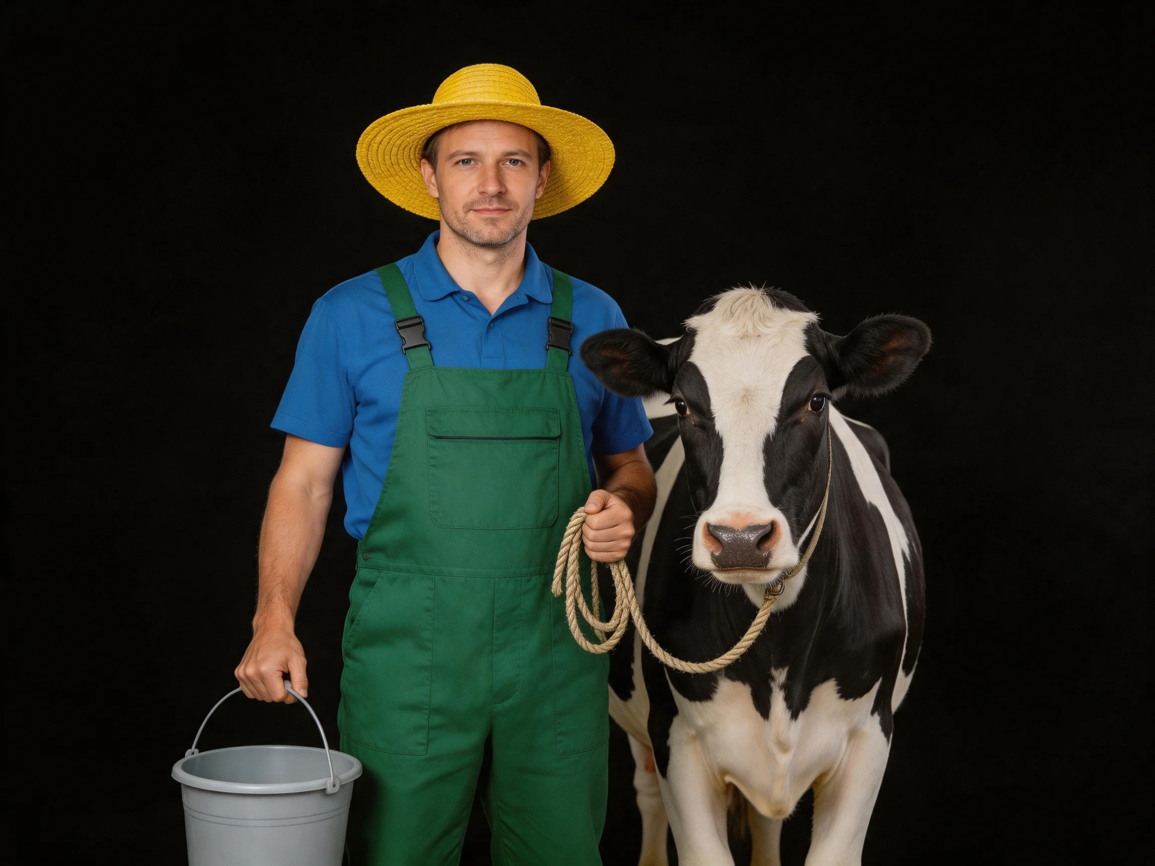 A farmer in green overalls stands beside a black-and-white cow with a gray bucket