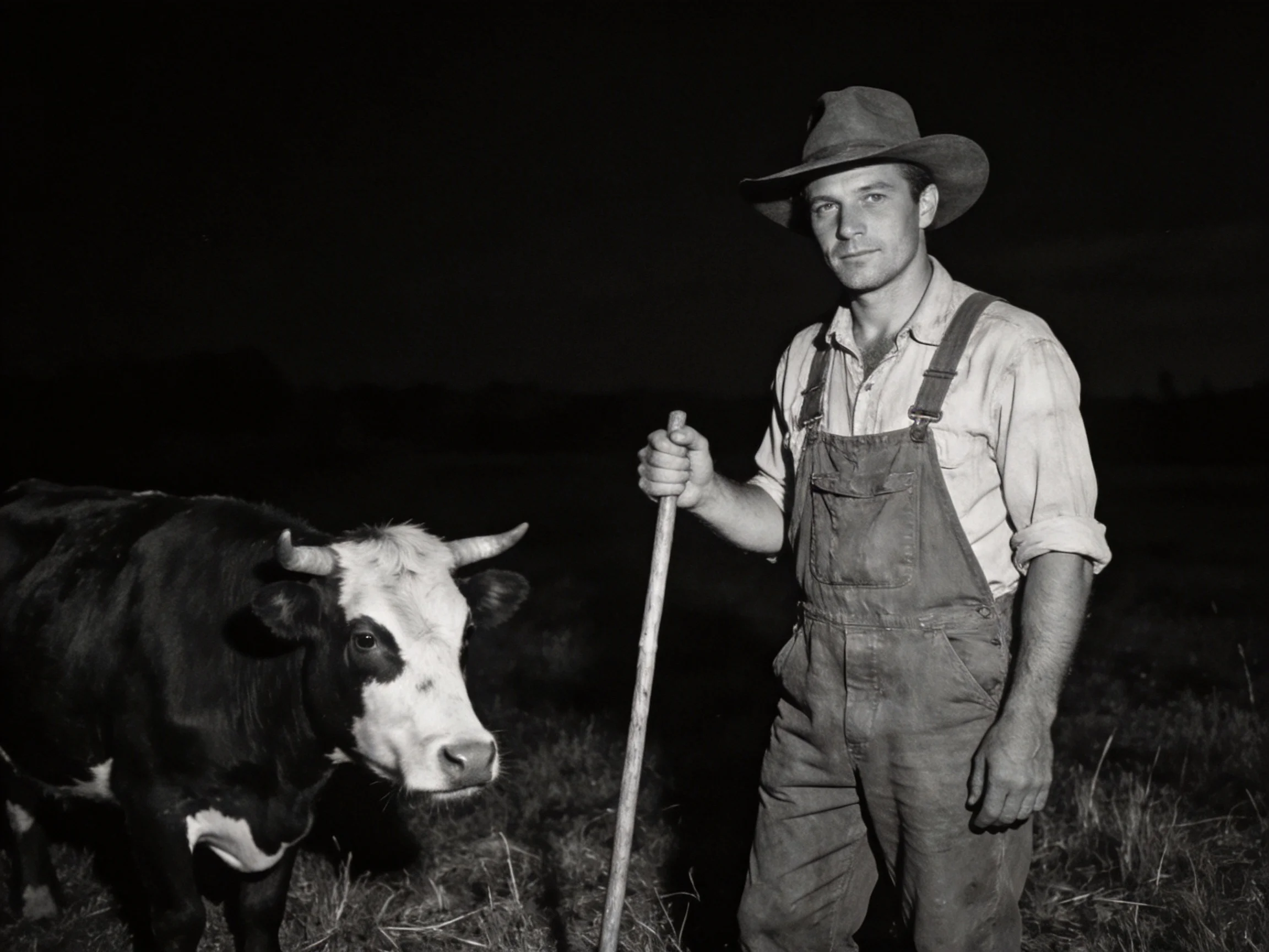 A farmer in overalls stands beside a black-and-white cow at night