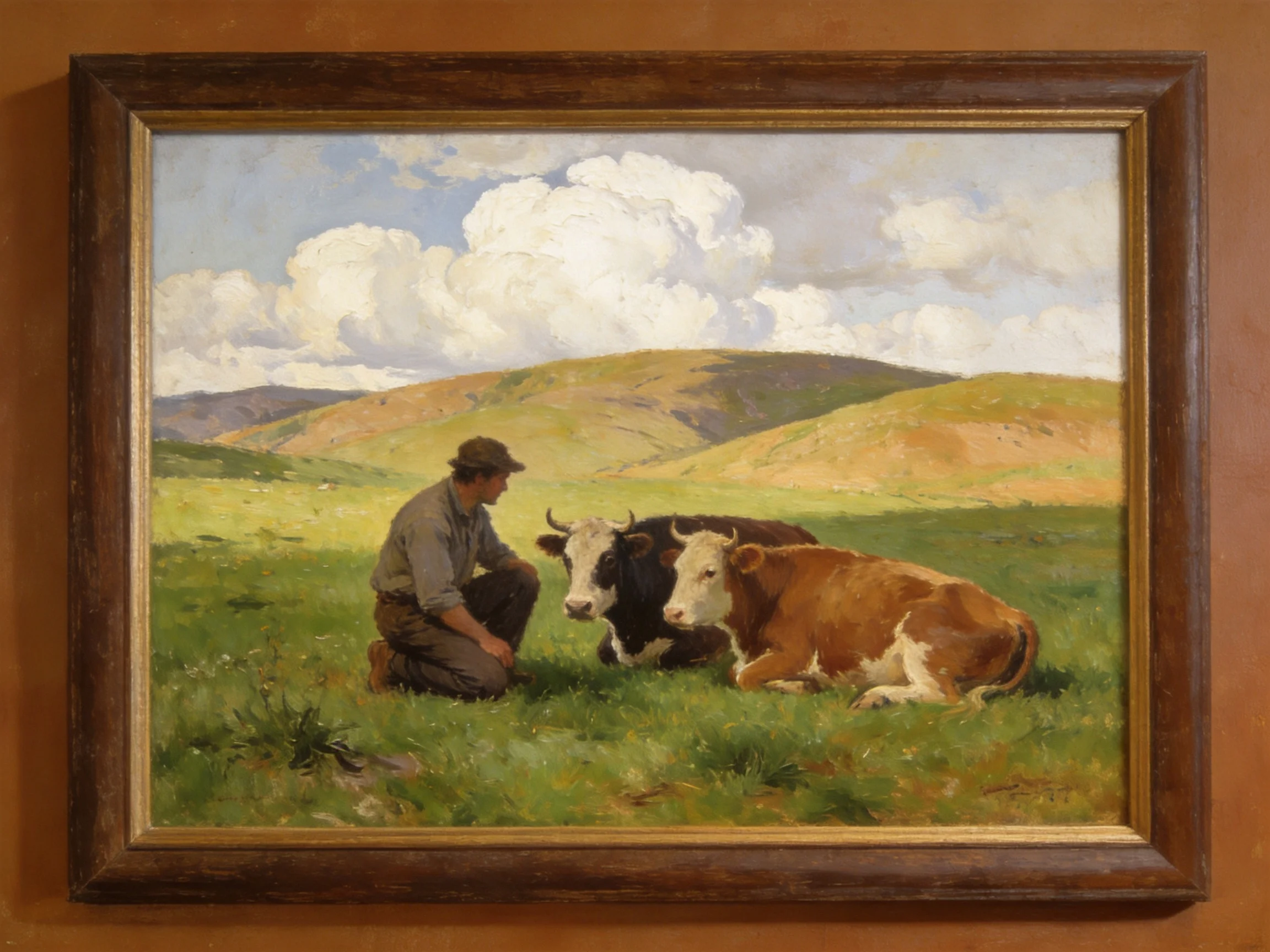A farmer kneels beside resting cattle in a hilly green landscape