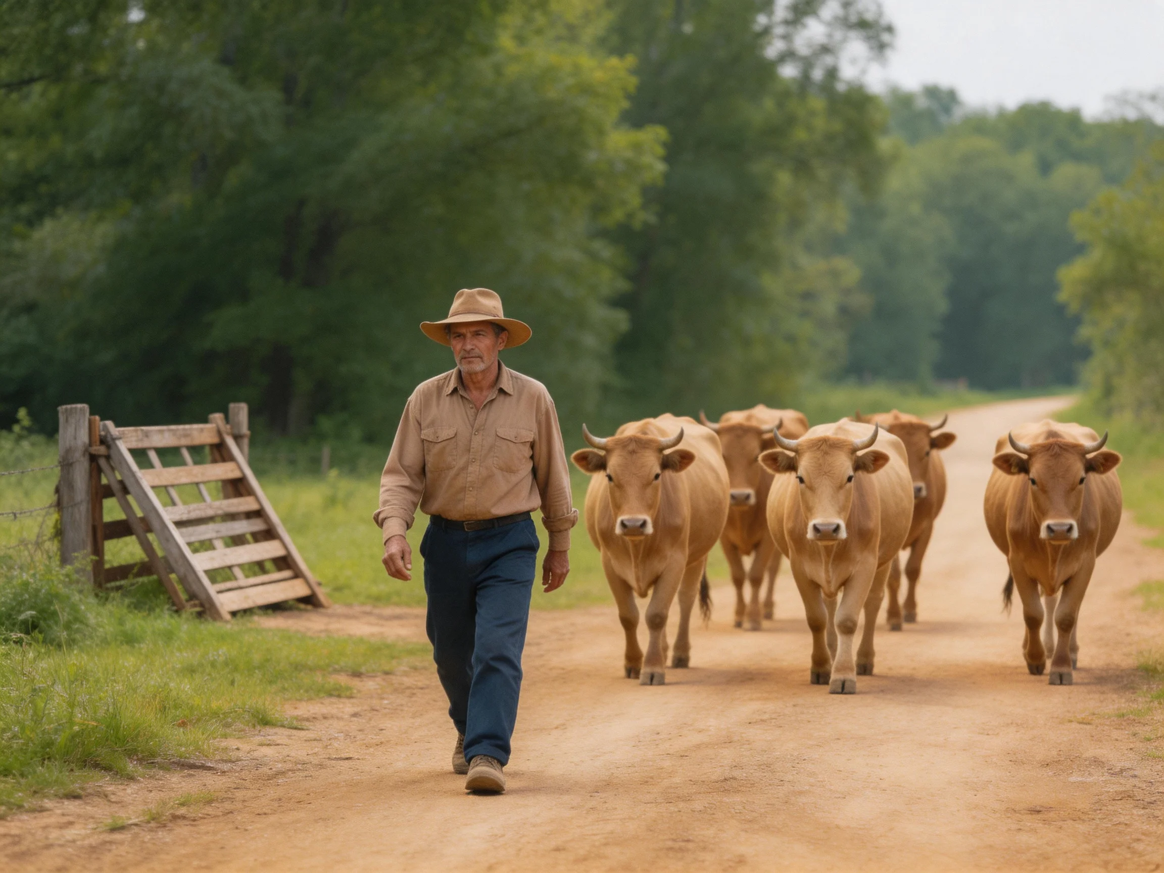 A farmer leading five tan cattle on a dusty country road