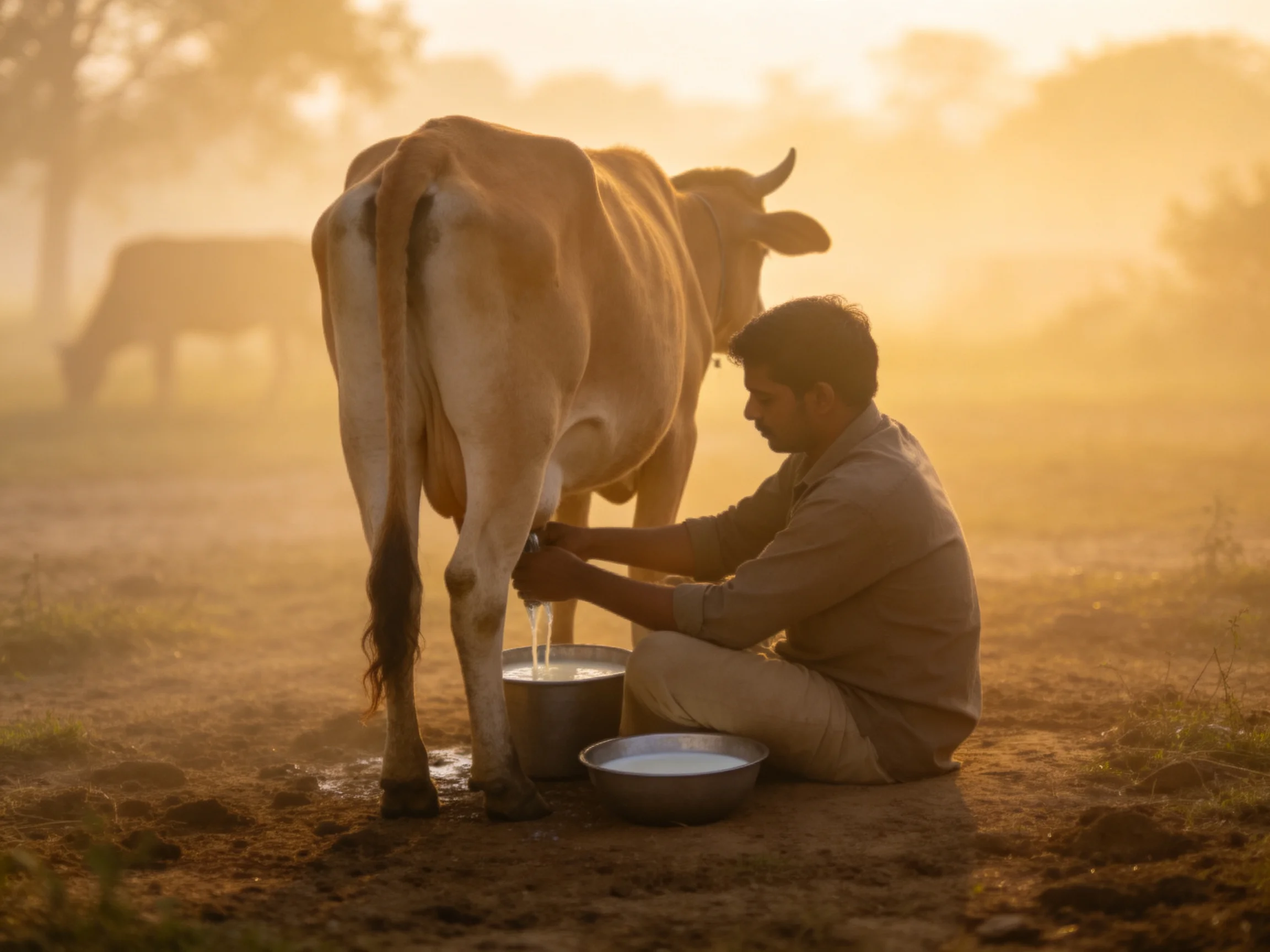 A man milks a cow outdoors while milk gathers in containers.