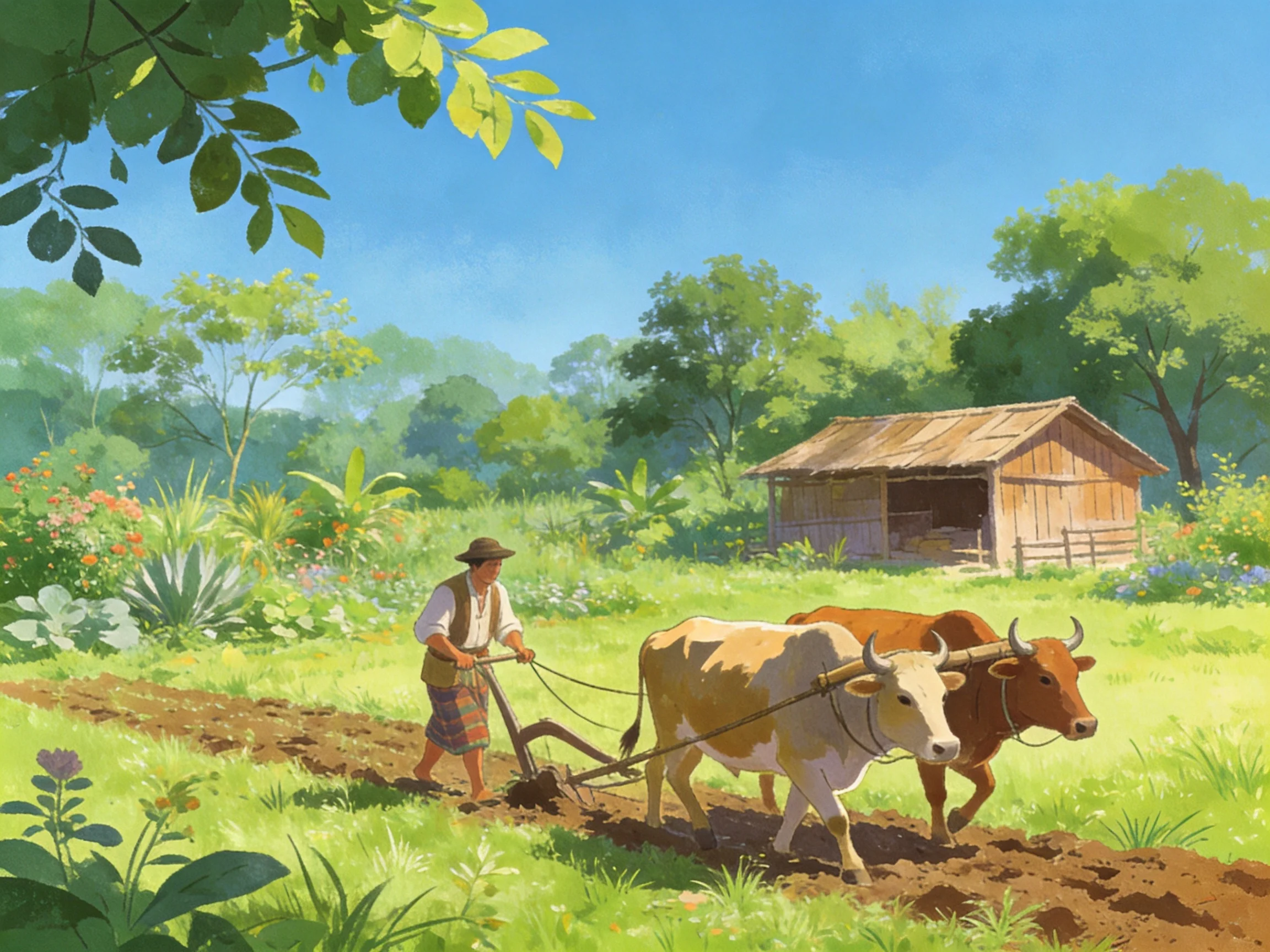 A farmer plowing a lush green field with two brown cows near a wooden shed