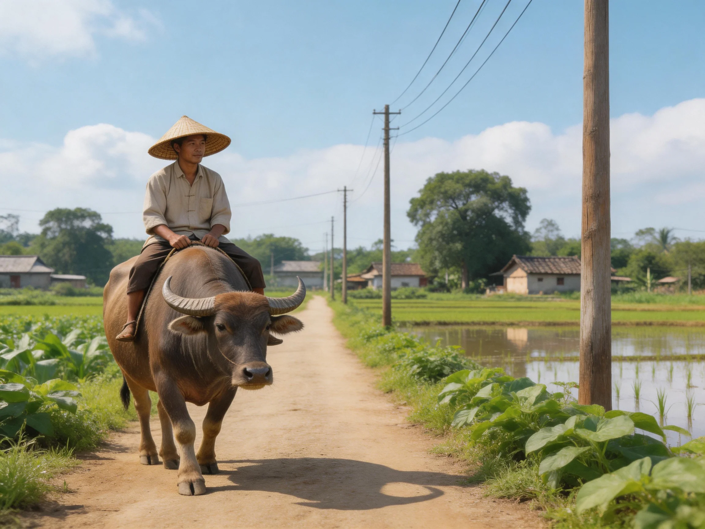 A farmer rides a brown water buffalo on a rural dirt path