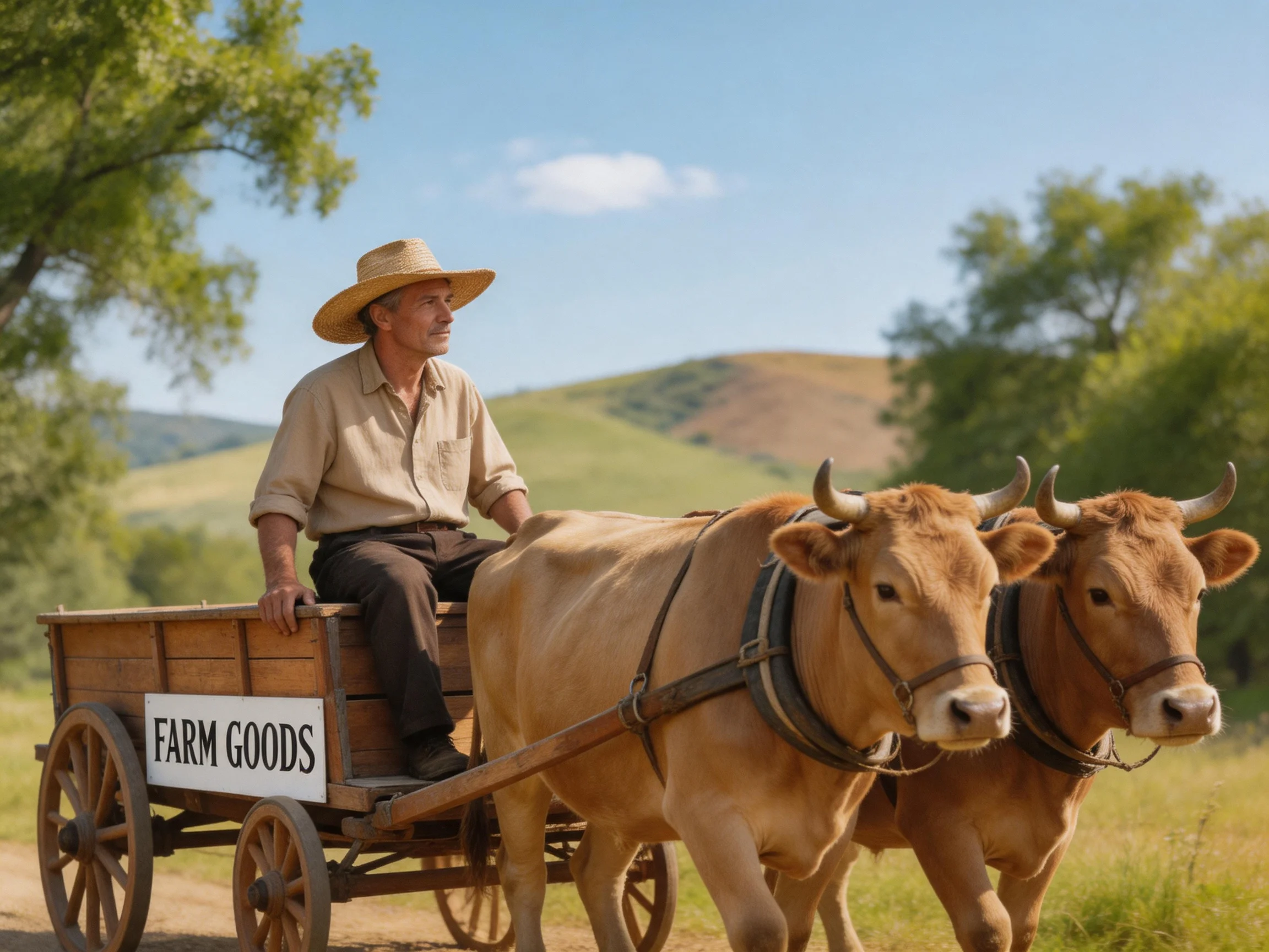 A farmer rides a wooden cart pulled by two tan oxen through rolling green hills