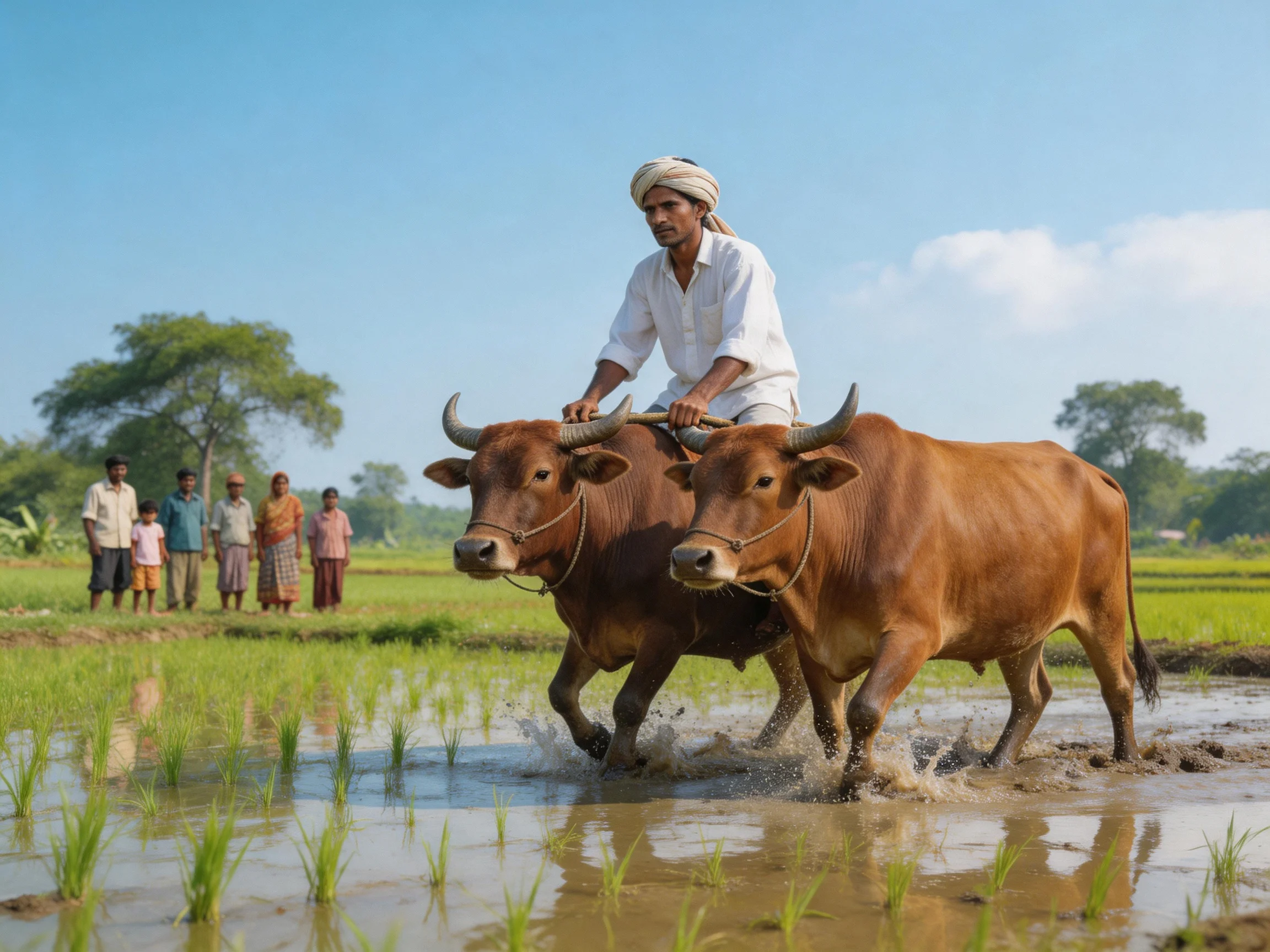 A farmer rides two brown oxen through flooded green fields
