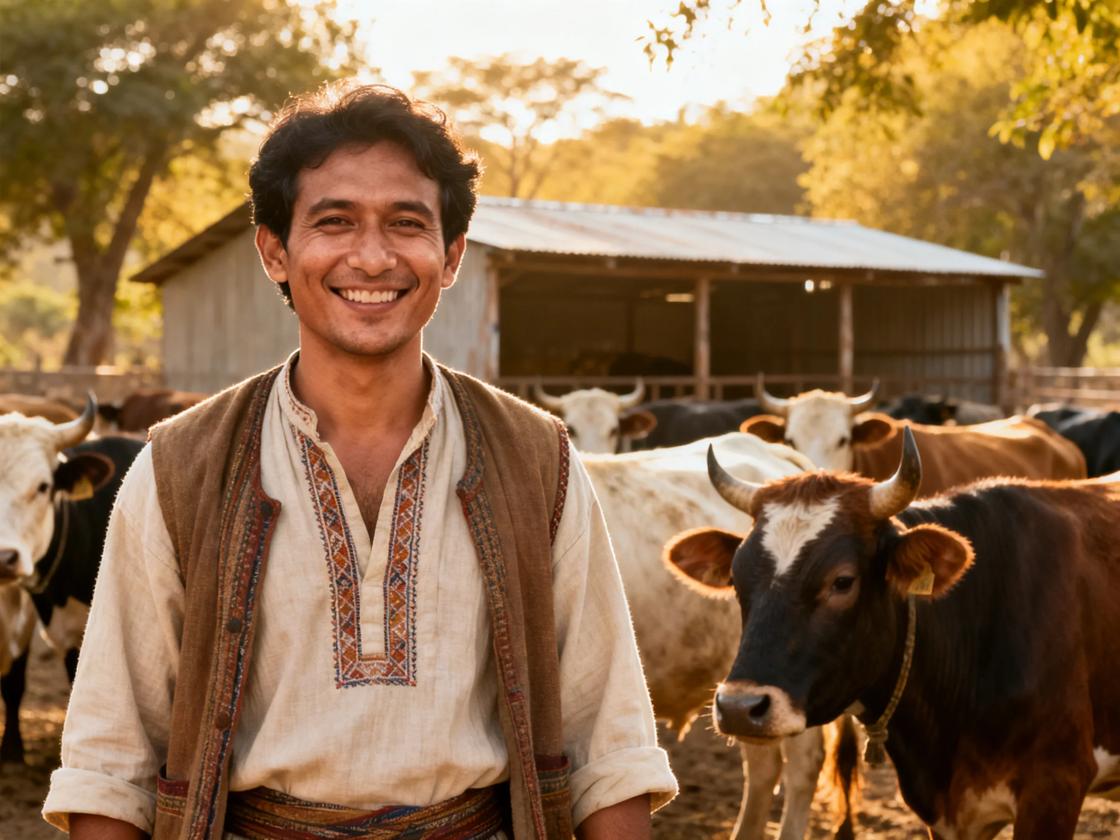 A farmer stands among several cows near a rustic barn under golden light