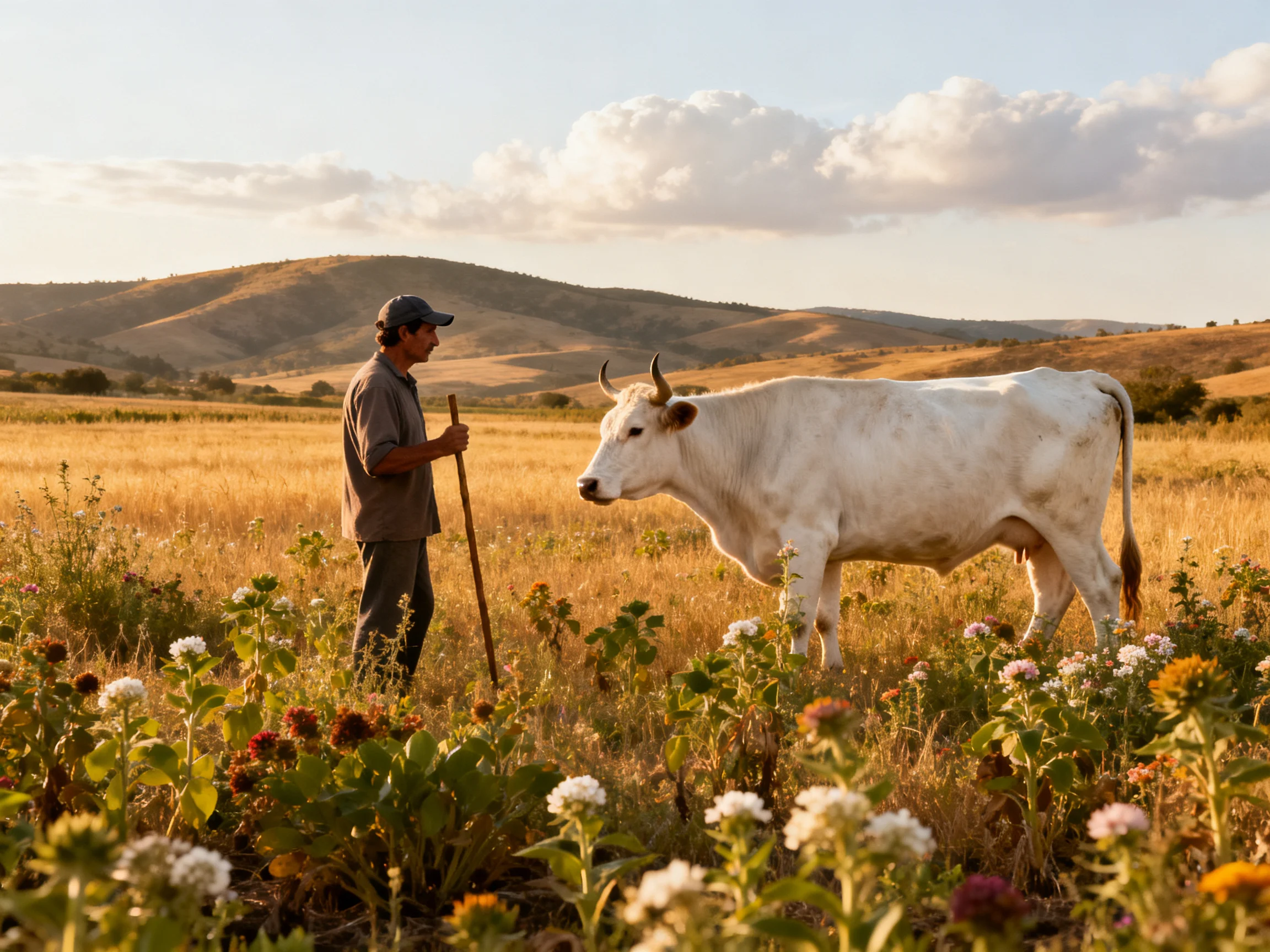 A farmer stands beside a white cow in a golden field with rolling hills