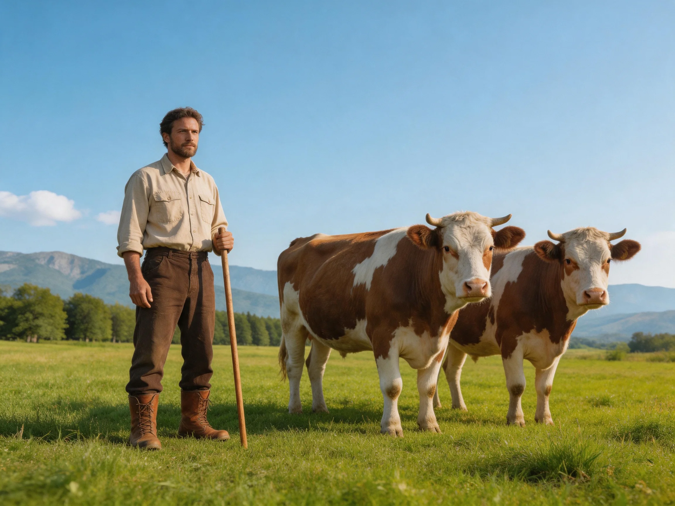 A farmer stands beside two brown-and-white cows in a green pasture