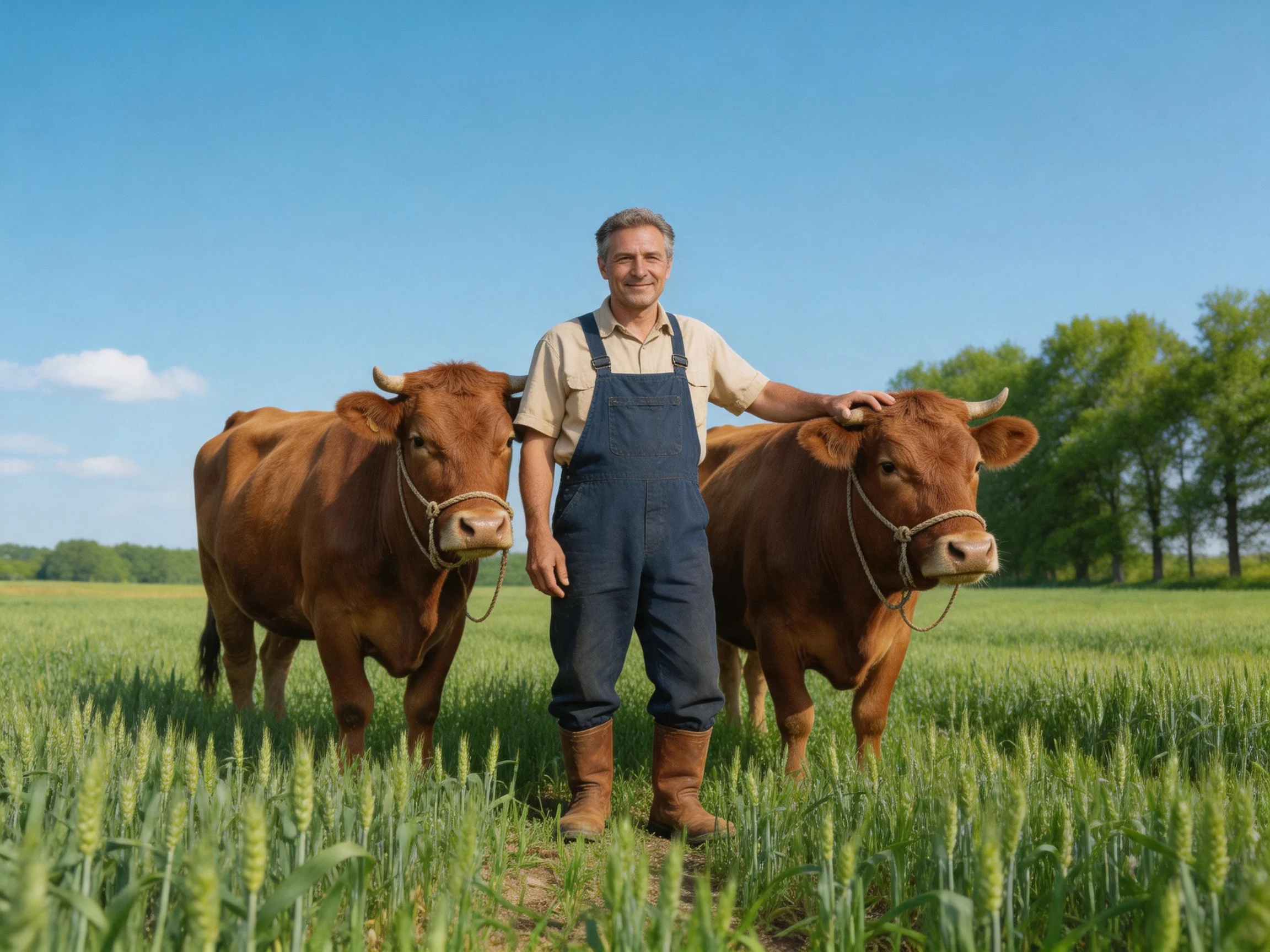 A farmer stands between two brown cows in a green wheat field under blue sky
