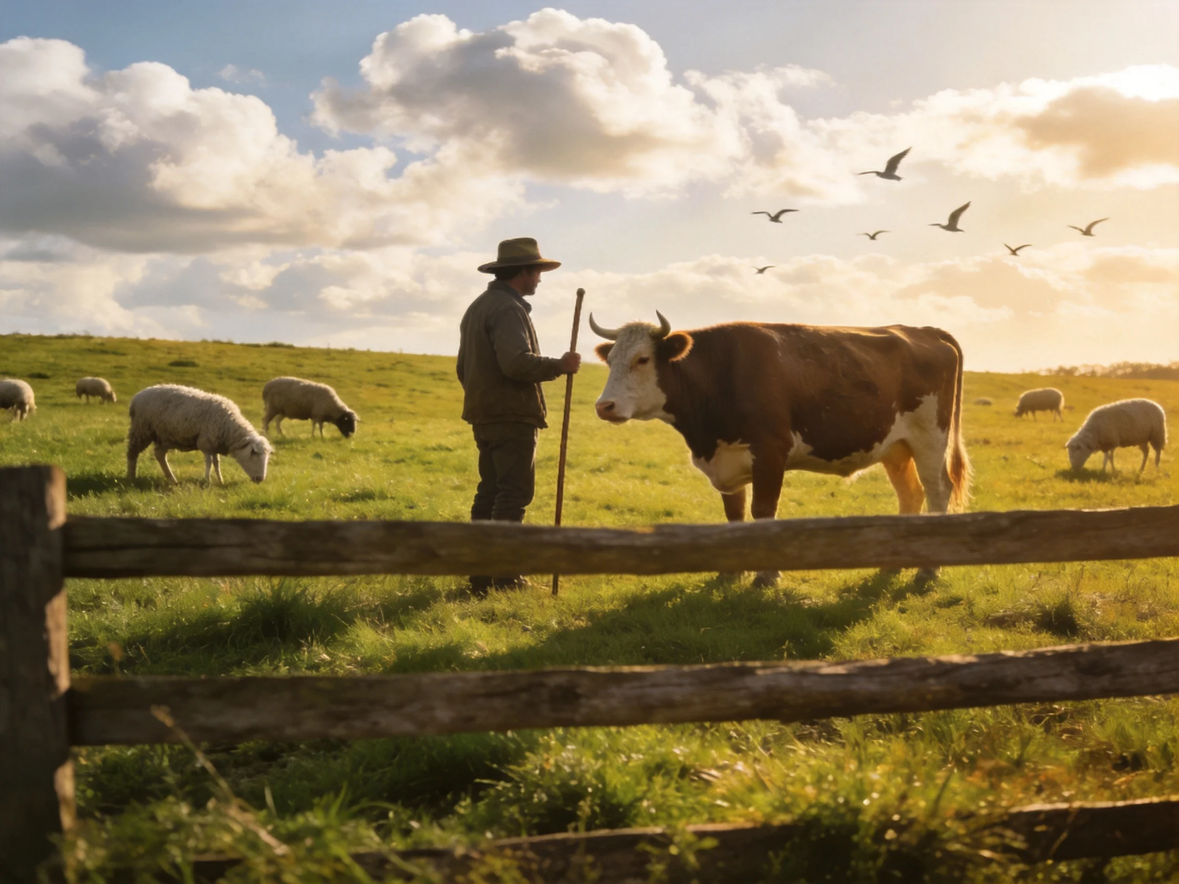 A farmer tends a brown-and-white cow near grazing sheep in a sunlit pasture