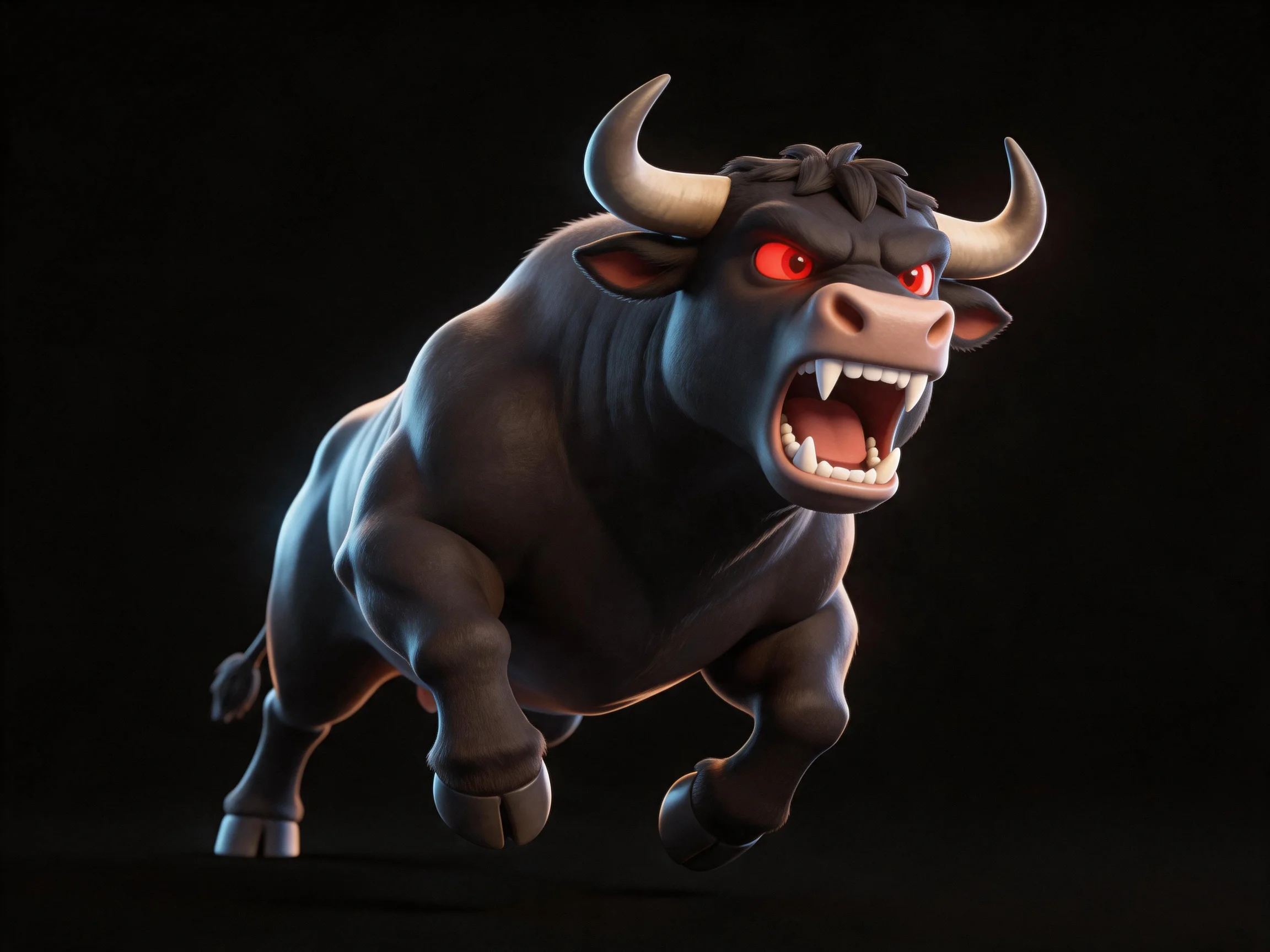 A fierce black bull with glowing red eyes charging forward