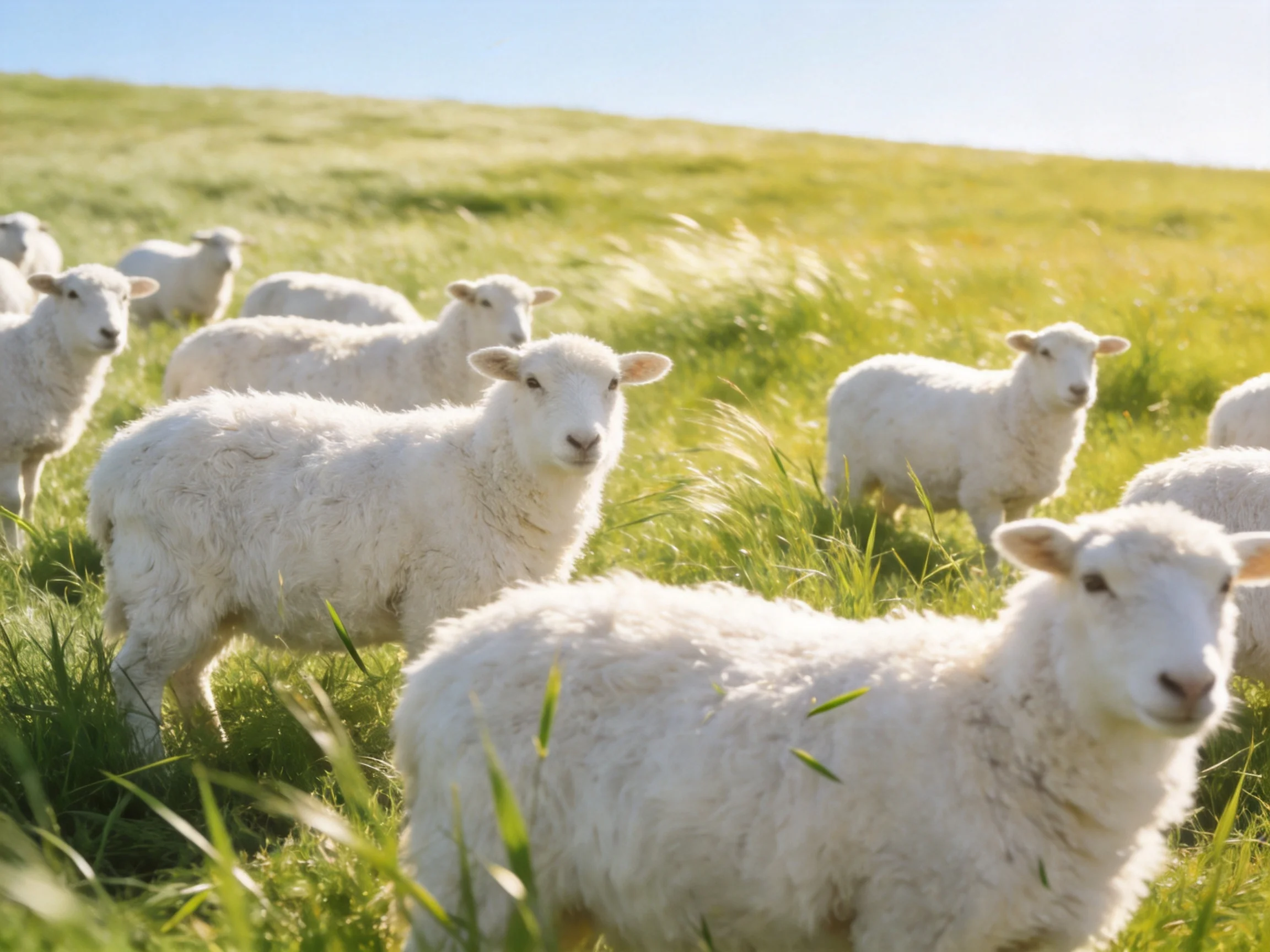 A flock of fluffy white lambs grazing in a sunlit meadow