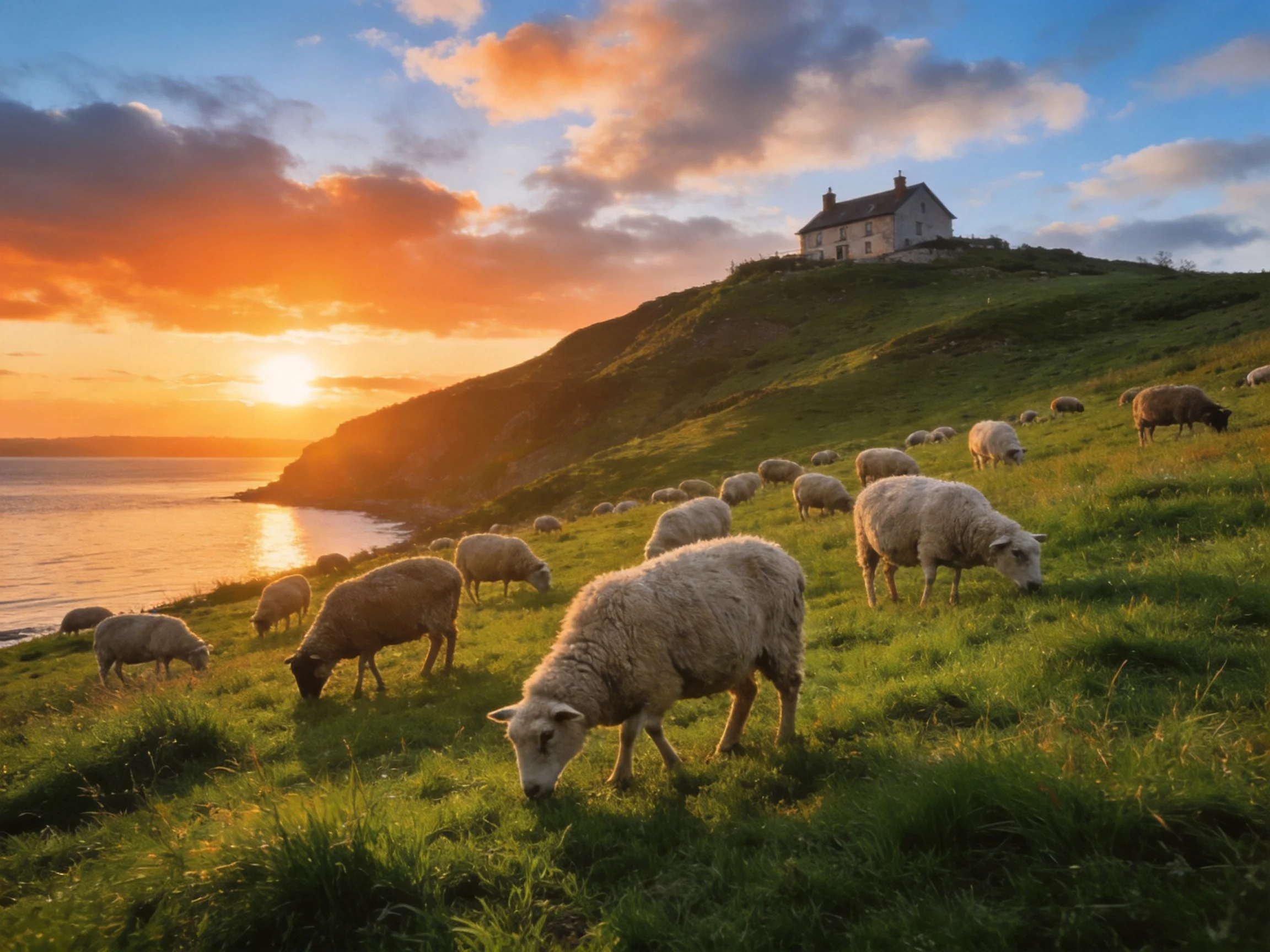 A flock of sheep grazes on a green hillside during colorful sunset